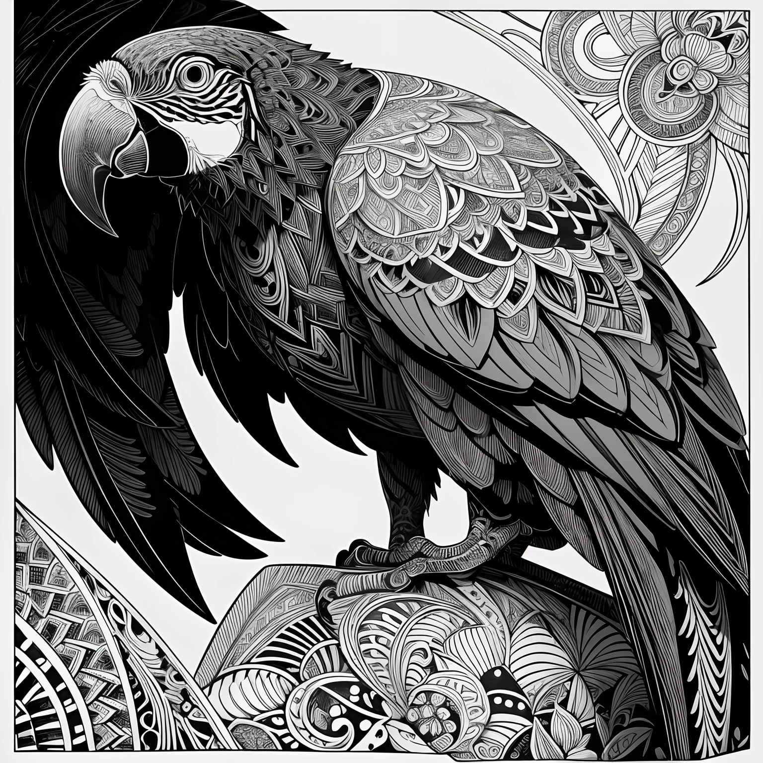 parrot, black and white, zentangle (best quality) ultra-detailed, fine line drawing, fine line art, coloring book illustration style, intricate linework, highly detailed illustration, perfect composition, beautiful and stunning, dynamic angle, high contrast, incredible shading, incredible detail, unique style, black and white details, (dark and mystical atmosphere), intricate and detailed nature elements.