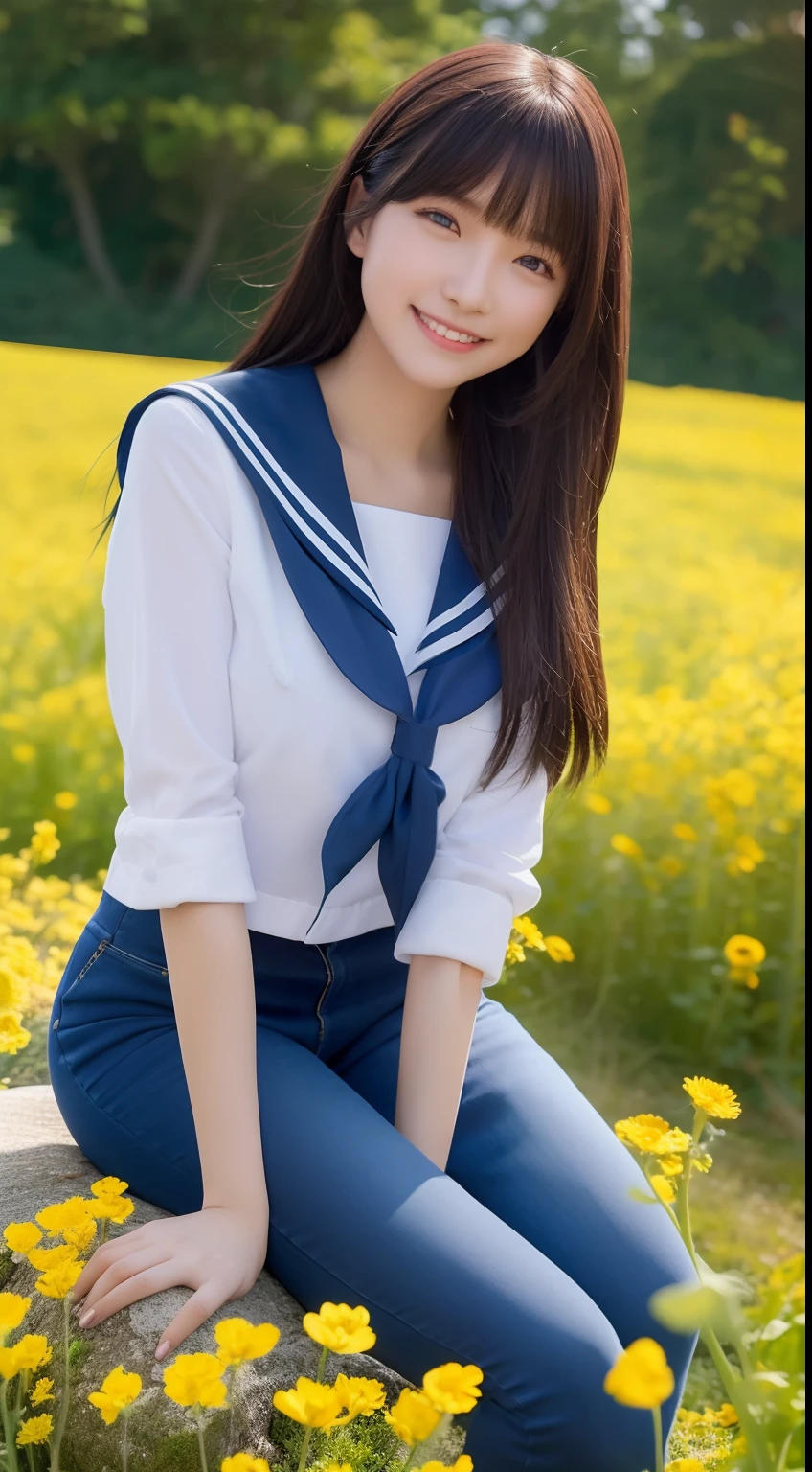 A smiling girl,Wear a tight sailor suit,denim pant,sitting on a large stone,There are a lot of sunflowers around,com rosto detalhado,The eyes are delicate,The photo quality is the best,Realistic image quality,Background diffuse lighting,Depth of field display。