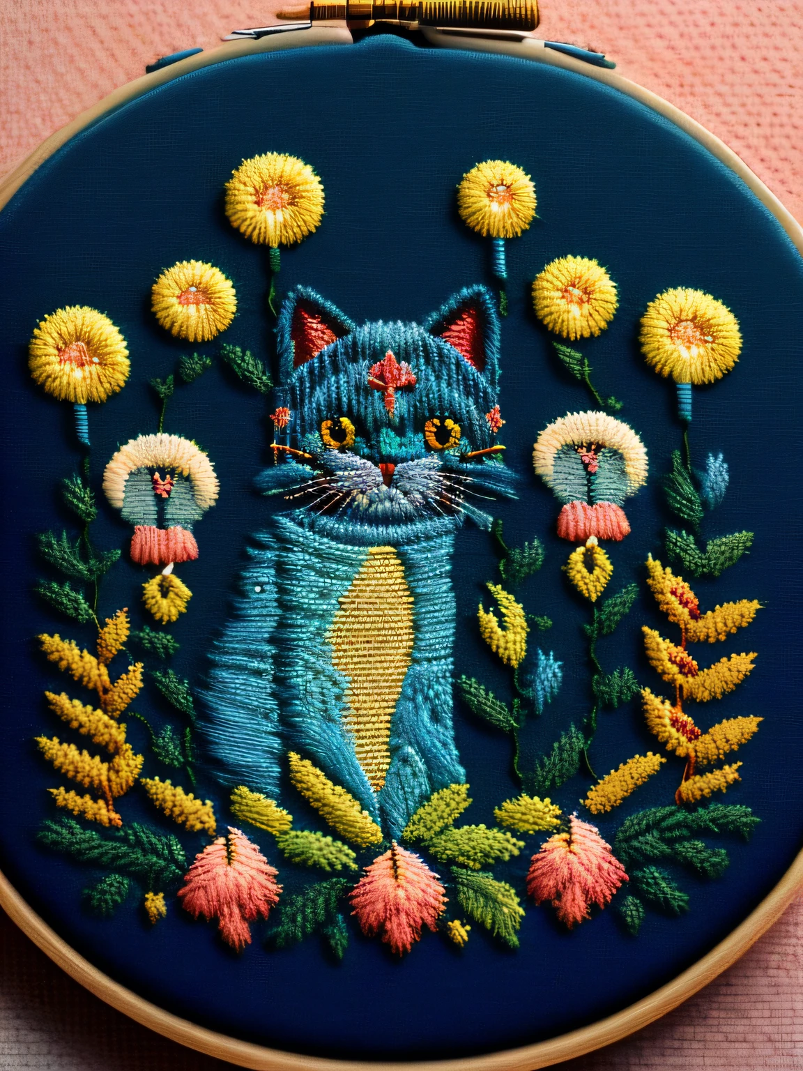 Needle point style embroidered cat in denim