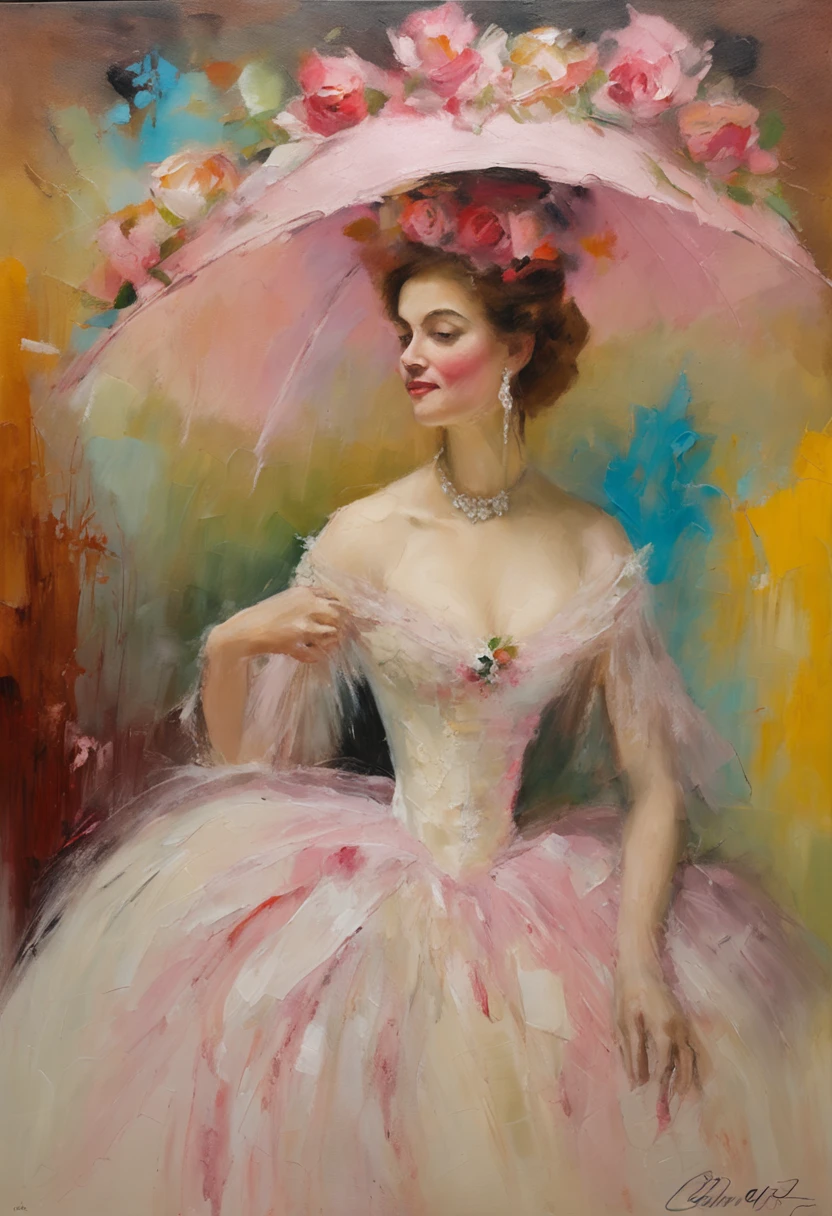 Impressionist art by Cluade Monet , breath taking 18th century princess in wedding dress brown hairs, with flowery hat , master dream wedding garden with pink roses, masterpieces,
