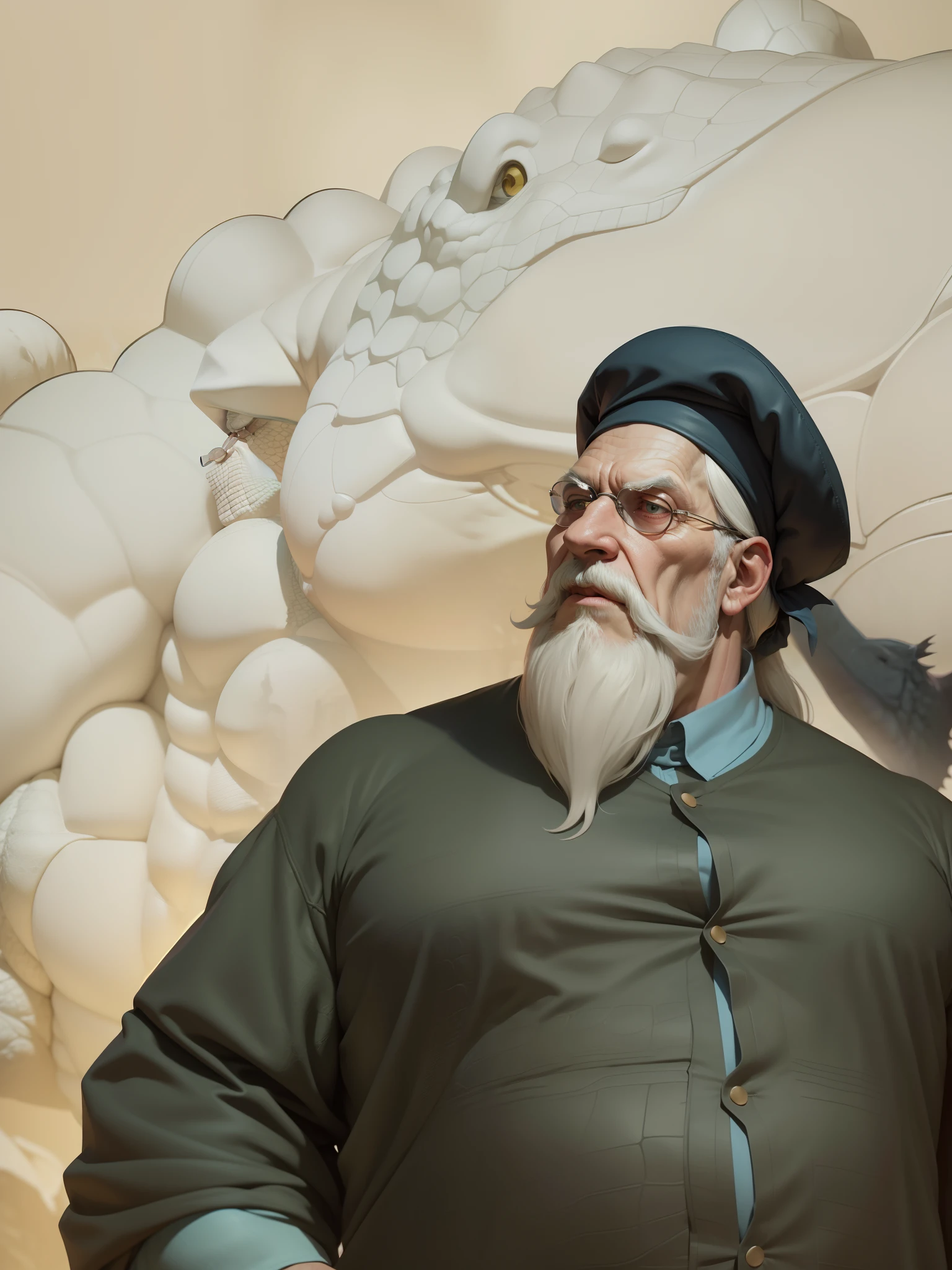 dumbledore,a old man,Big chest,wearing an outfit,Wearing crocodile dragon armor,Wearing a crocodile head hat,muscle men, Man ,Wear half-moon glasses,Realiy,Blue whale in hand,Full body photo