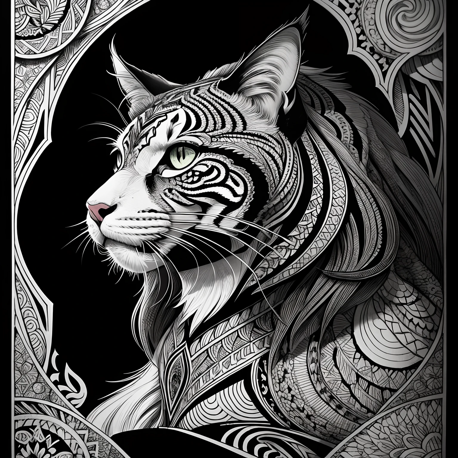 maincoon, black and white, zentangle (best quality) ultra-detailed, fine line drawing, fine line art, coloring book illustration style, intricate linework, highly detailed illustration, perfect composition, beautiful and stunning, dynamic angle, high contrast, incredible shading, incredible detail, unique style, black and white details, (dark and mystical atmosphere), intricate and detailed nature elements.