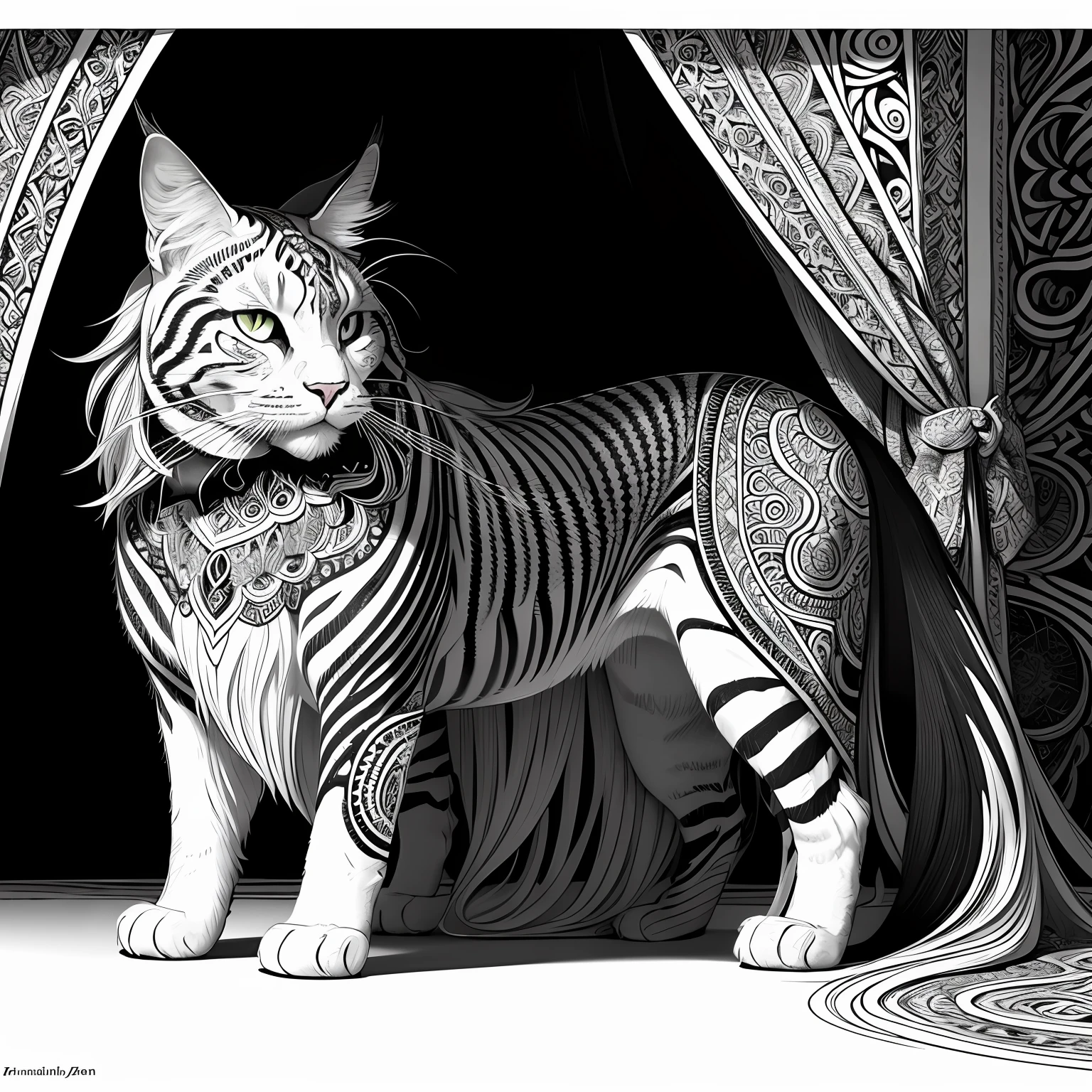 maincoon, black and white, zentangle (best quality) ultra-detailed, fine line drawing, fine line art, coloring book illustration style, intricate linework, highly detailed illustration, perfect composition, beautiful and stunning, dynamic angle, high contrast, incredible shading, incredible detail, unique style, black and white details, (dark and mystical atmosphere), intricate and detailed nature elements.