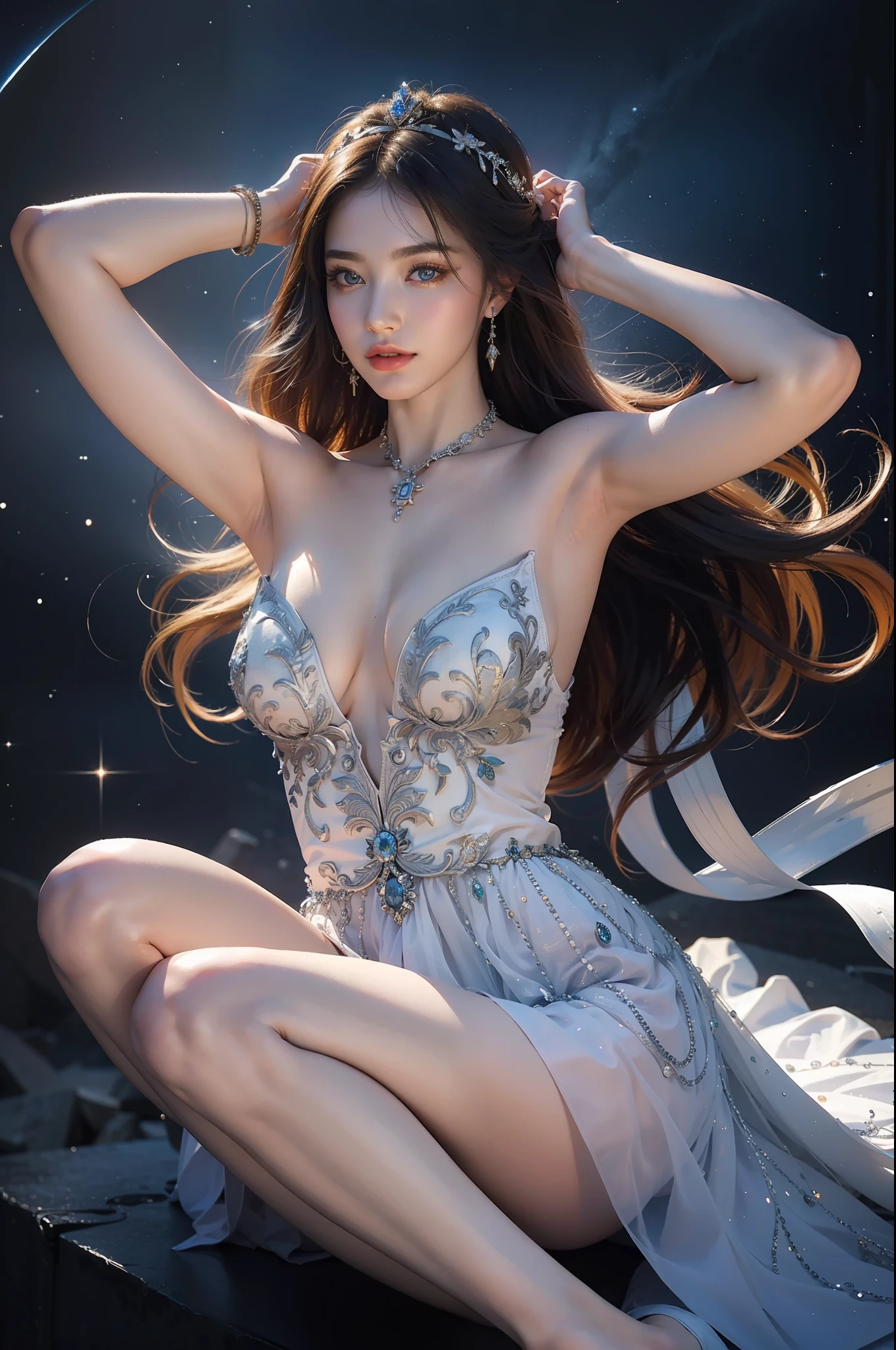 ((top-quality、masterpiece、photographrealistic:1.4、8K))、Very beautiful mysterious woman、20yr old、extremely detailed eye and face、beatiful detailed eyes、(Celestial Princess)、Luxury accessories、graceful face、(stele々In the shining sky、Draw a scene of a celestial princess dancing in a flowing dress。Her movements are graceful and、Harmony with the constellations creates a beautiful atmosphere。)、Beautiful lighting、Textured skin、Super Detail、high detailing、High quality、hight resolution、(looking at the viewers)、europian