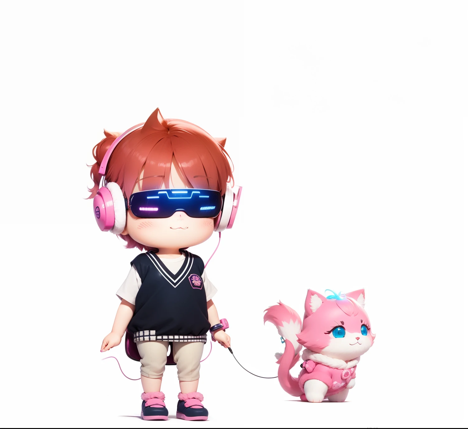 beautiful eye, smile, gaming girl, cheerful expression, fluffy pink hair, long and wavy, twinkling blue eyes, pink pajamas, cute cat ear headphones in pastel colors, cross-legged pose, playing a handheld game console, a soft and fluffy room background, plush toys scattered around, pastel-colored pillows, warm glow from a nearby desk lamp, fuzzy carpet under her, game console screen glowing with vibrant colors, fluffy slippers peeking out from under her pajamas, soft shadows adding depth to her surroundings, light from the game console illuminating her face, focus and enjoyment evident in her eyes, fingers deftly moving over the game controls, soft blush on her cheeks, strands of hair falling over her face, a happy grin lighting up her face, headphones adorned with cute cat-themed details, ear tufts and pink accents, her posture relaxed and comfortable, colorful game posters adorning the walls, game-themed trinkets and figurines on shelves in the background, a comfortable gaming chair behind her, hint of a giggle escaping from her lips, relaxed and cozy atmosphere, gentle, playful and carefree, pillows and plush toys mirroring her love for games, fluffy and soft textures contrasting with the sharp glow of the game screen, overall scene full of cuteness and fun