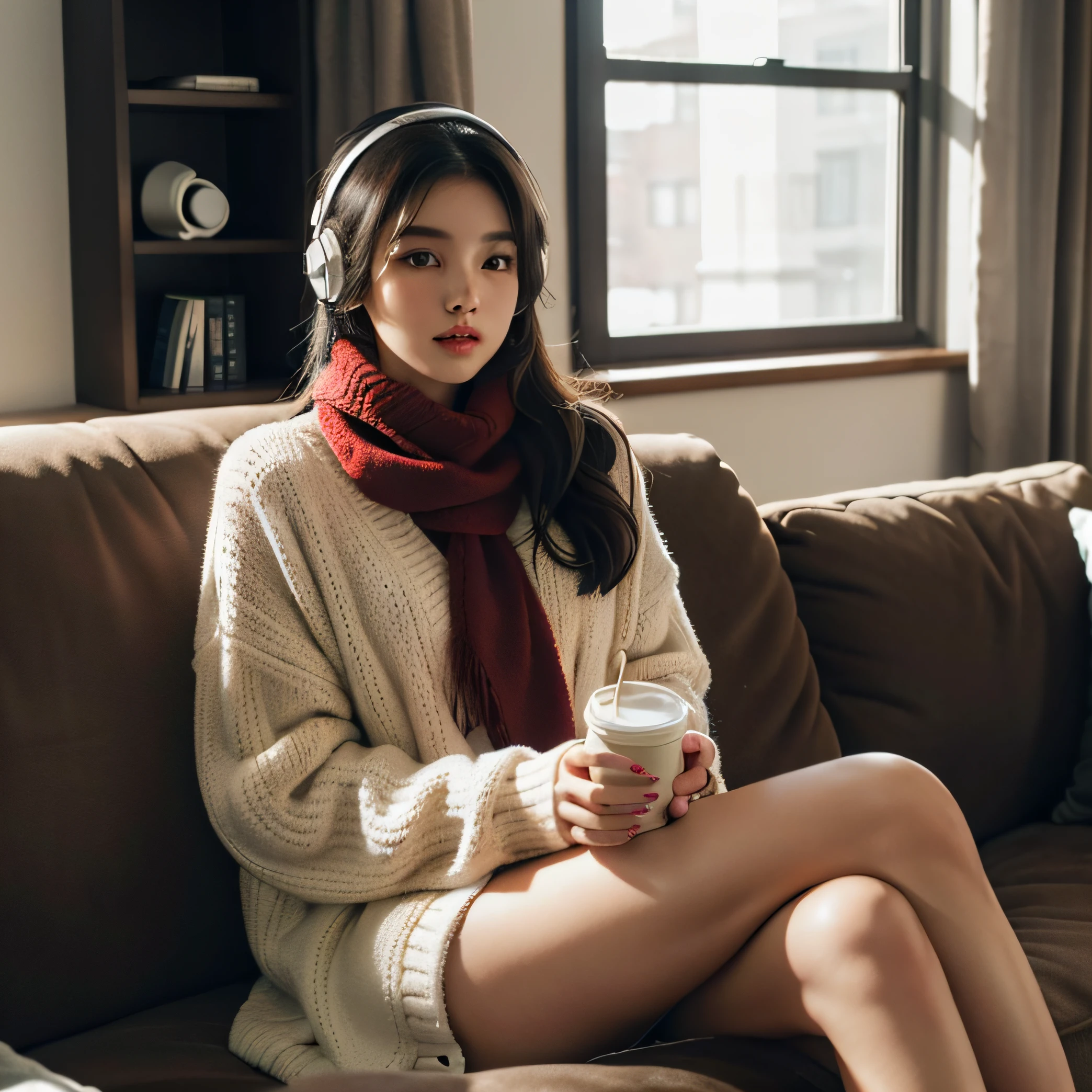 1girl,sitting on a cozy couch,crossing legs,soft light, drinking coffee, listening to music with headphone, cold weather, sexy, black hair, red scarf, ulzzang style,