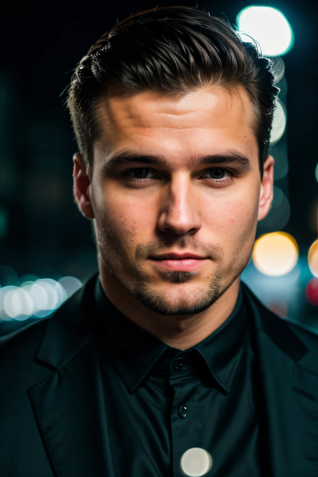 closeup face photo of caucasian man in black clothes, night city street, bokeh