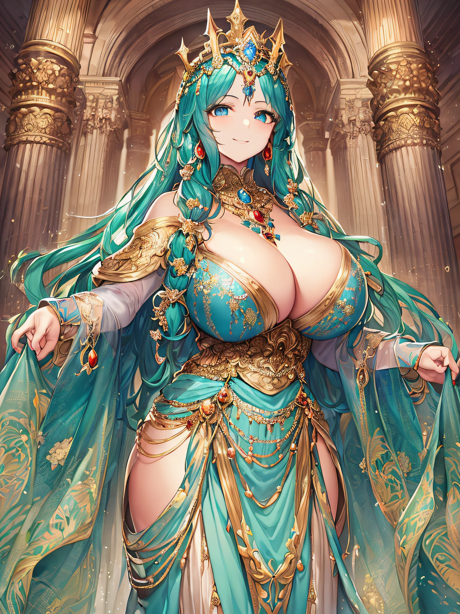 (anime artstyle),((Masterpiece,Best Quality,Super Detail,Very Delicate and Beautiful)),Solo,((full body,standing picture)),standing in the sacred cathedral,((Sacred atmosphere)),((1 divine High Priestess in beautiful embroidery and jeweled gorgeous rococo ballgown dress with voluminous full length hoop skirt)),(crinoline),gorgeousfull embroidery,(gorgeous gemstone jewelry),(detailed face and eyes),jewel-like eyes,(smile),((large amount of straight hair,extremely Long voluminous Hair)),((gigantic tits,Long tits,skindentation)),gorgeousfull embroidery,cleavage,extremely gorgeousfull hair ornament,(bling-bling extremely gorgeousfull jeweled tiara),gorgeous corsage,Stained glass,(Dynamic Angle),Looking at viewer,((full body)),((beautiful embroidery and jeweled divine and gorgeous rococo ballgown dress with voluminous full length hoop skirt))