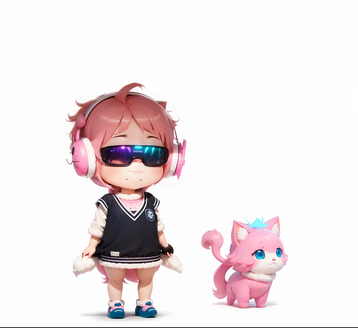 beautiful eye, smile, gaming girl, cheerful expression, fluffy pink hair, long and wavy, twinkling blue eyes, pink pajamas, cute cat ear headphones in pastel colors, cross-legged pose, playing a handheld game console, a soft and fluffy room background, plush toys scattered around, pastel-colored pillows, warm glow from a nearby desk lamp, fuzzy carpet under her, game console screen glowing with vibrant colors, fluffy slippers peeking out from under her pajamas, soft shadows adding depth to her surroundings, light from the game console illuminating her face, focus and enjoyment evident in her eyes, fingers deftly moving over the game controls, soft blush on her cheeks, strands of hair falling over her face, a happy grin lighting up her face, headphones adorned with cute cat-themed details, ear tufts and pink accents, her posture relaxed and comfortable, colorful game posters adorning the walls, game-themed trinkets and figurines on shelves in the background, a comfortable gaming chair behind her, hint of a giggle escaping from her lips, relaxed and cozy atmosphere, gentle, playful and carefree, pillows and plush toys mirroring her love for games, fluffy and soft textures contrasting with the sharp glow of the game screen, overall scene full of cuteness and fun