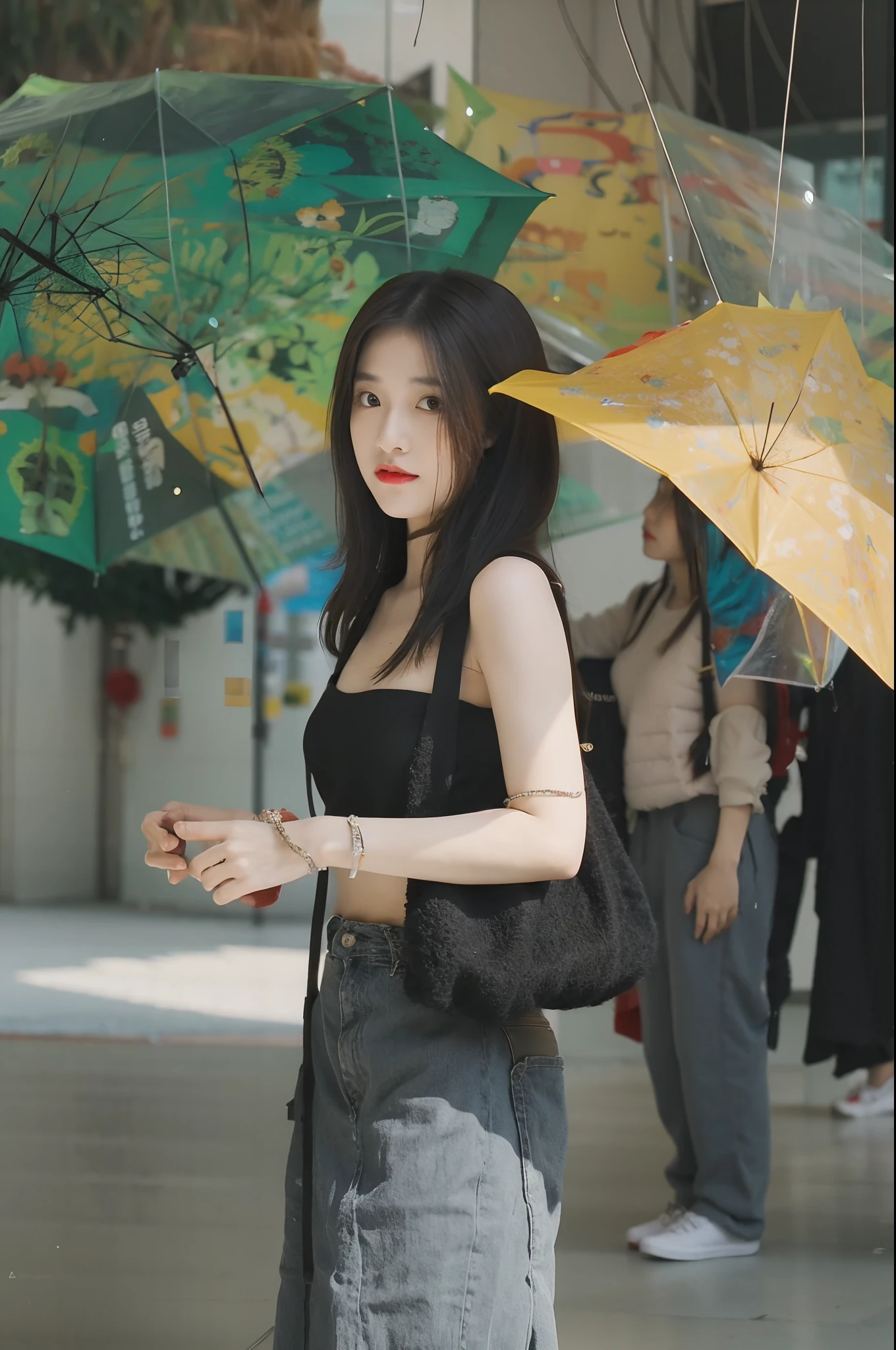 Es gibt eine Frau, which stands under a large umbrella in a building, in einer Kunstgalerie], Xision Wu, Jiyun Chae, Taejune Kim, Korean artist, wenfei ye, inspiriert von Russell Dongjun Lu, Jinyoung Shin, inspiriert von Yanjun Cheng, gongbi, Mingchen Shen, Xintong Chen, eine junge asiatische frau, Jaeyeon Nam