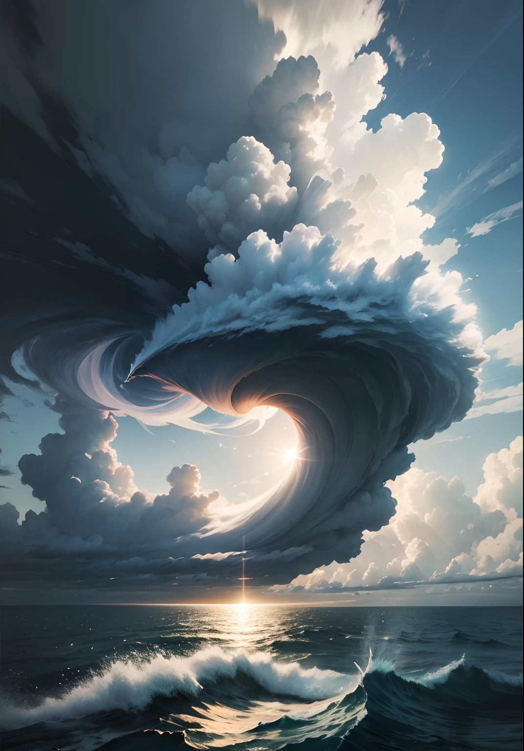 tornado, over sea, under white cloud,
