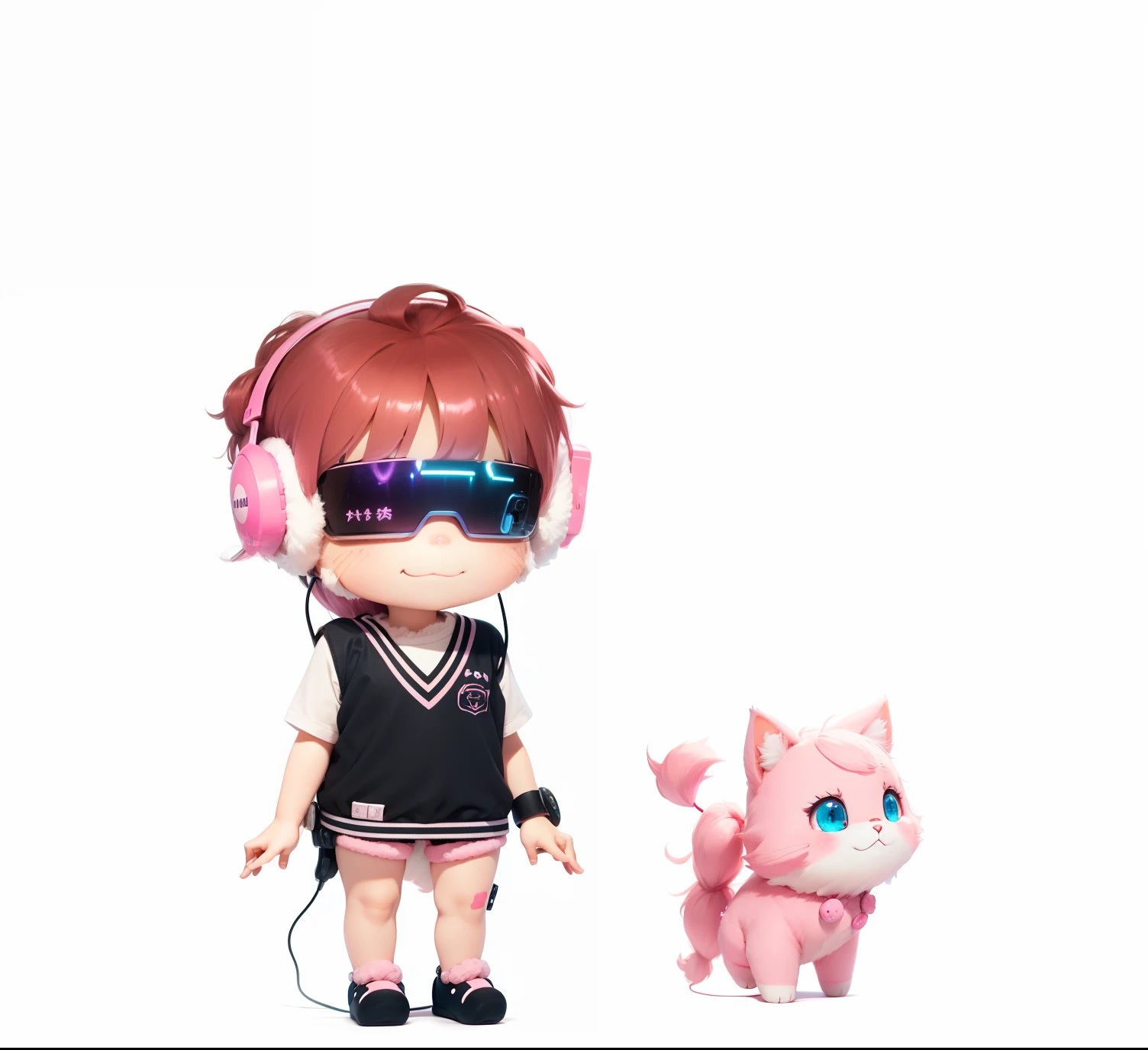 beautiful eye, smile, gaming girl, cheerful expression, fluffy pink hair, long and wavy, twinkling blue eyes, pink pajamas, cute cat ear headphones in pastel colors, cross-legged pose, playing a handheld game console, a soft and fluffy room background, plush toys scattered around, pastel-colored pillows, warm glow from a nearby desk lamp, fuzzy carpet under her, game console screen glowing with vibrant colors, fluffy slippers peeking out from under her pajamas, soft shadows adding depth to her surroundings, light from the game console illuminating her face, focus and enjoyment evident in her eyes, fingers deftly moving over the game controls, soft blush on her cheeks, strands of hair falling over her face, a happy grin lighting up her face, headphones adorned with cute cat-themed details, ear tufts and pink accents, her posture relaxed and comfortable, colorful game posters adorning the walls, game-themed trinkets and figurines on shelves in the background, a comfortable gaming chair behind her, hint of a giggle escaping from her lips, relaxed and cozy atmosphere, gentle, playful and carefree, pillows and plush toys mirroring her love for games, fluffy and soft textures contrasting with the sharp glow of the game screen, overall scene full of cuteness and fun