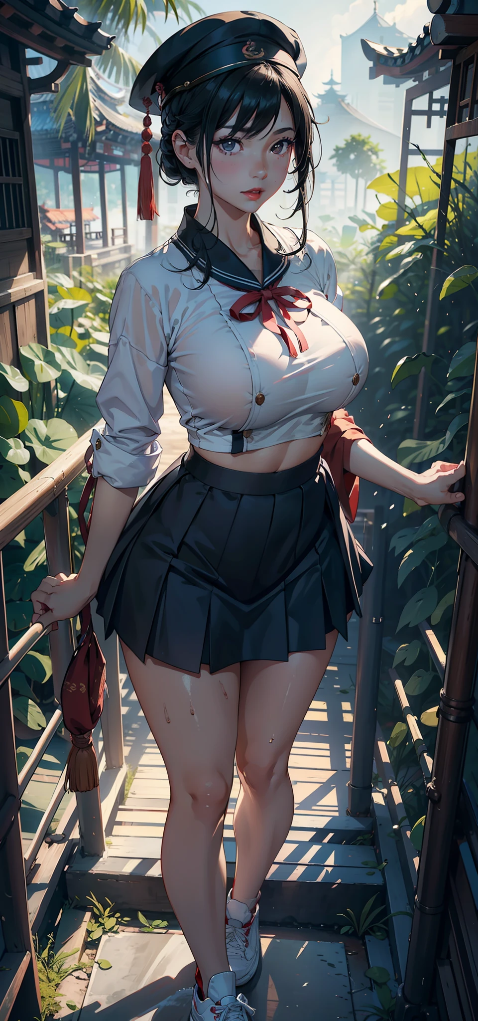 1female,35yo,熟妇,long leges,Big breasts Thin waist,Slim,huge-breasted ,Pornographic exposure, 独奏,(Background with:bamboo forrest,lotuses,lotus flower,exteriors,Lotus pond) She has short black hair,standing on your feet,Sweat profusely,drenched all over the body,seen from the front, hair straight, mostly cloudy sky,(((tmasterpiece),(Very detailed CG unity 8K wallpaper),best qualtiy,cinmatic lighting,detailed back ground,beatiful detailed eyes,Bright pupils,Black eyes,Redlip(Very fine and beautiful),(Beautiful and detailed eye description),ultra - detailed,tmasterpiece,)),facing at camera,A high resolution,ultra - detailed),revealing breasts,Bare genitalia, Bulge,legs are open,Raised sexy,Camel toes,Flushed complexion,Open-mouthed,frontage,high school senior,Sailor's cap(Wearing:Chinese Ancient Times,Sailor uniform,Blue ultra-short pleated skirt,athletic sneakers,Bare breasts,)Full body photo,Show shoes