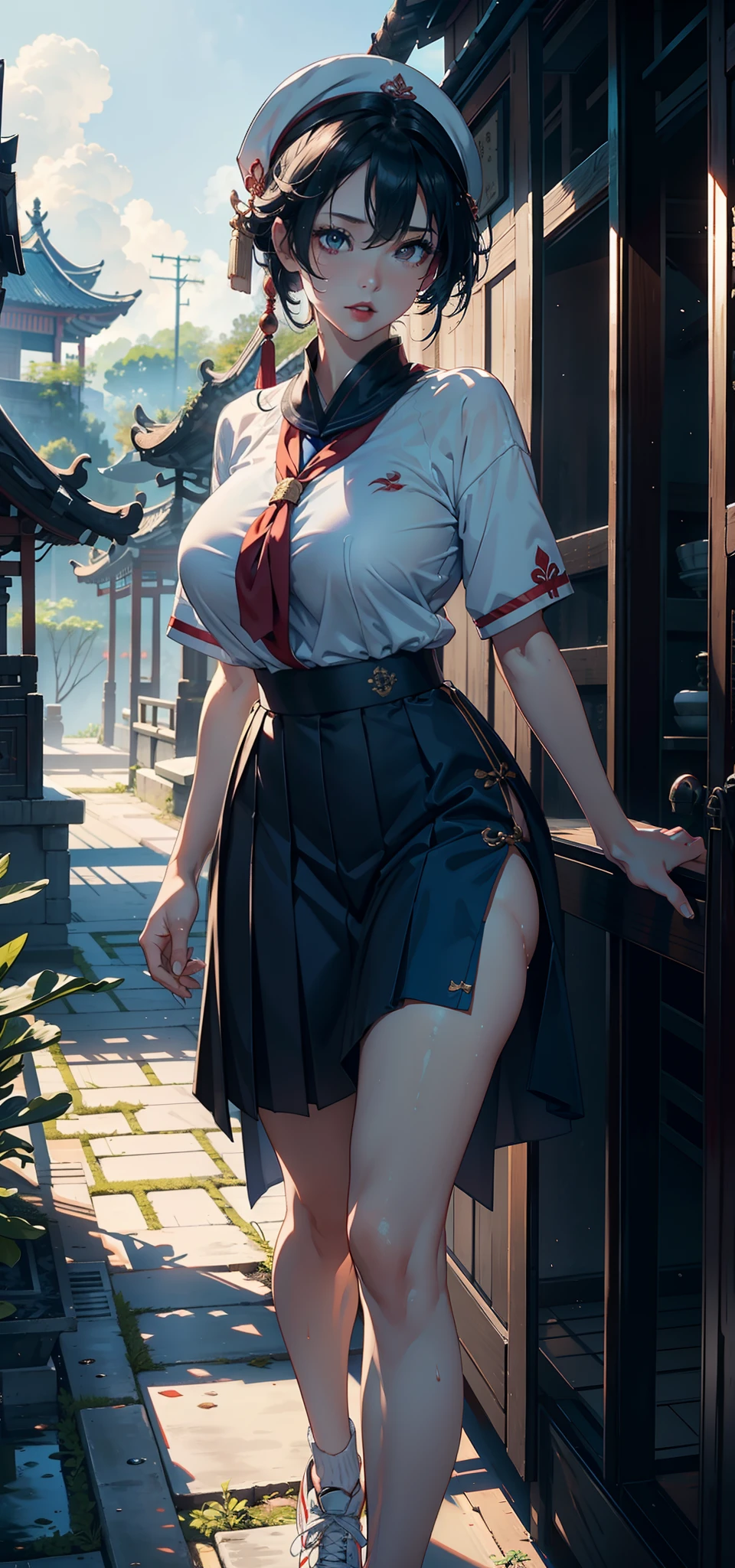 Masterpiece: 1.2, best quality), realistic, (real picture, rich details details, depth of field), (1girl, solo), makeup, cleft lip, high detail, perfect face shape, (big breasts: 1.4), (skindentation), thick thighs, wide buttocks, Thin waist, tall, coral, red lips, red eyes, ponytail (girl playing badminton, light tulle, tulle transparent white skirt), (sweat: 1.2), (wet), sexy, blush, (shy expression, expression)
