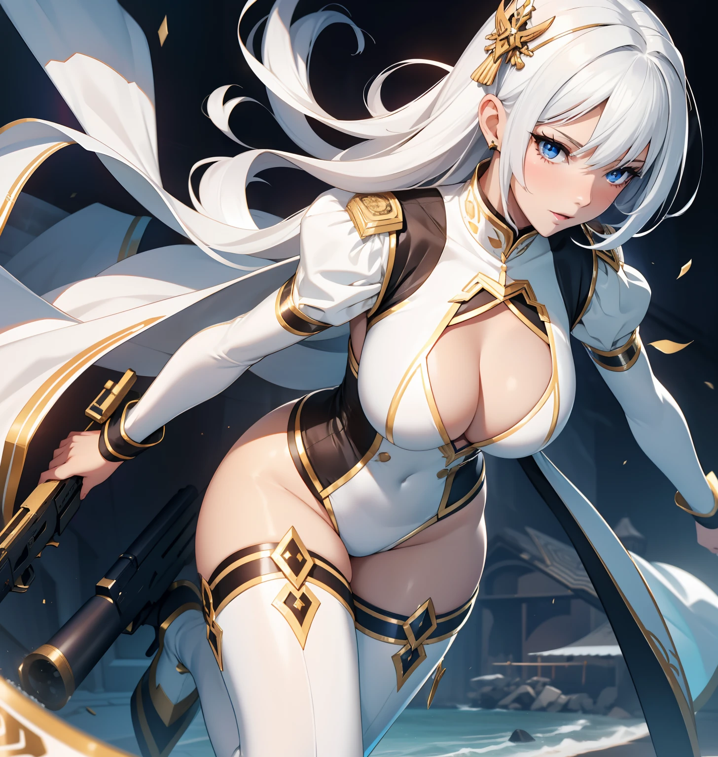 White color hair,Royal sister figure,A beautiful full body girl,with fair skin,24 years of age,busty figure,Combat attire,take gun,Super sexy scene,facial closeups