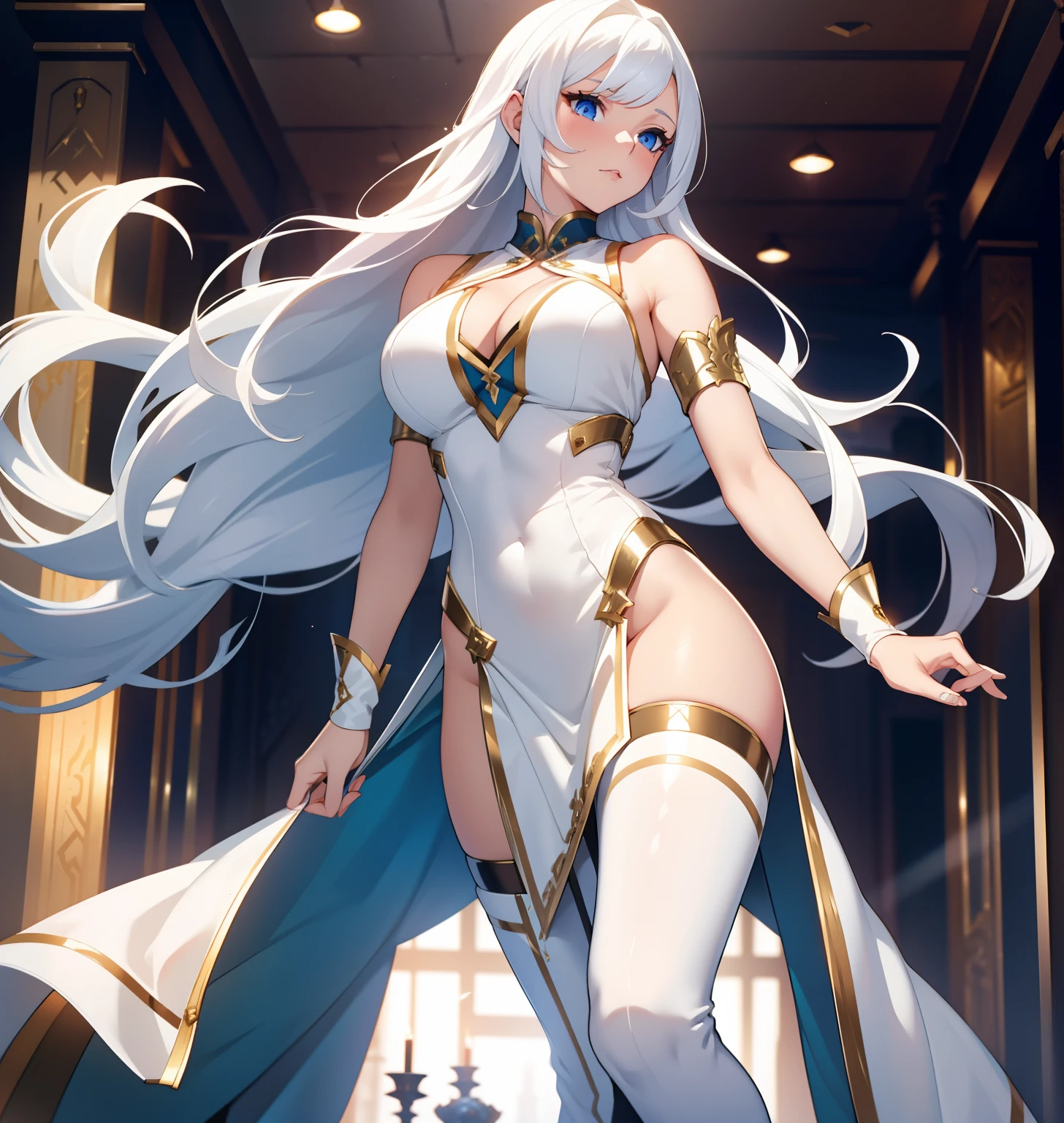 White color hair,Royal sister figure,A beautiful full body girl,with fair skin,24 years of age,busty figure,Combat attire,take gun,Super sexy scene,facial closeups