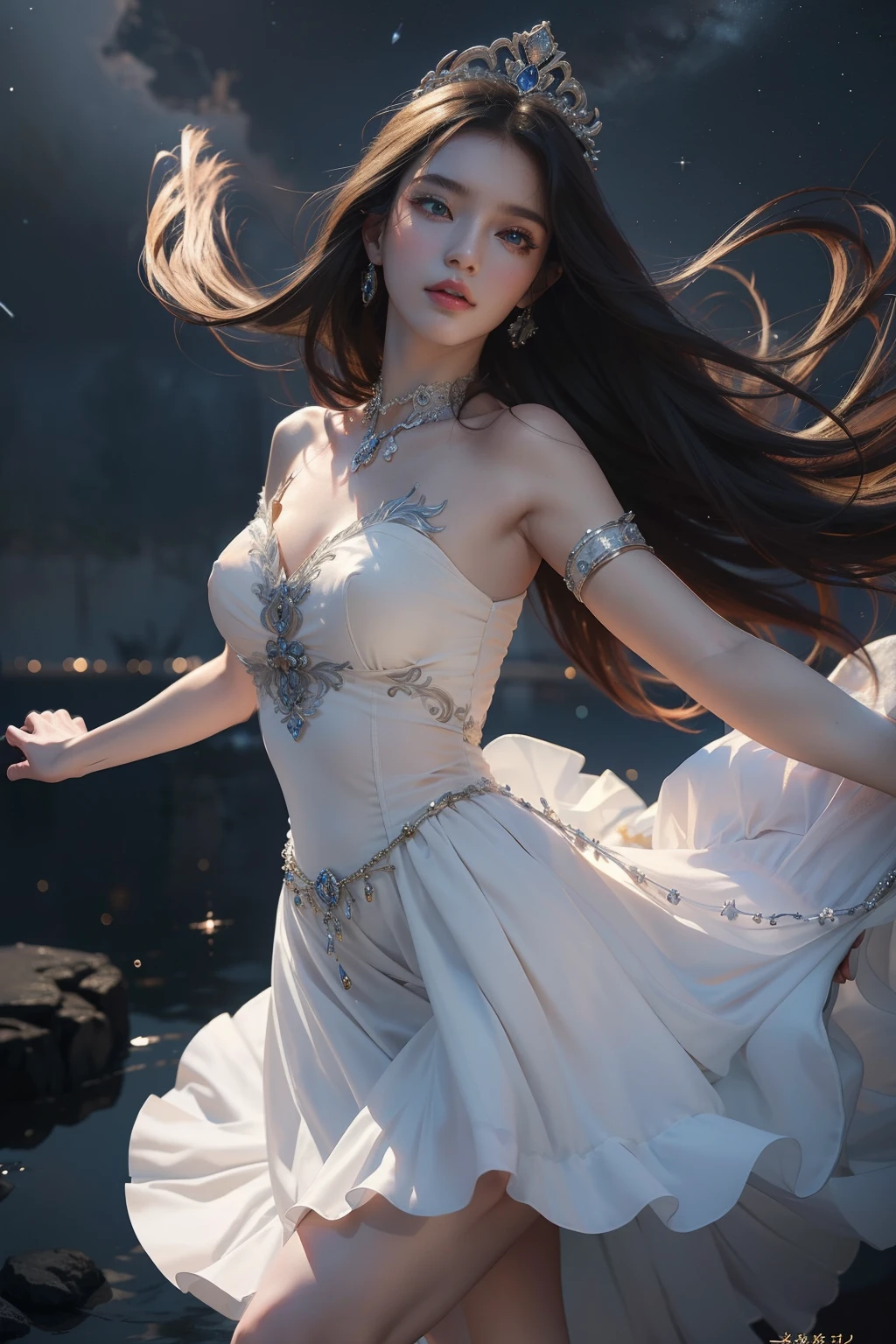 ((top-quality、​masterpiece、photographrealistic:1.4、8K))、Very beautiful mysterious woman、20yr old、extremely detailed eye and face、beatiful detailed eyes、（Celestial Princess）、Luxury accessories、graceful face、（stele々In the shining sky、Draw a scene of a celestial princess dancing in a flowing dress。Her movements are graceful and、Harmony with the constellations creates a beautiful atmosphere。）、Beautiful lighting、Textured skin、Super Detail、high detailing、High quality、hight resolution、（looking at the viewers）、europian