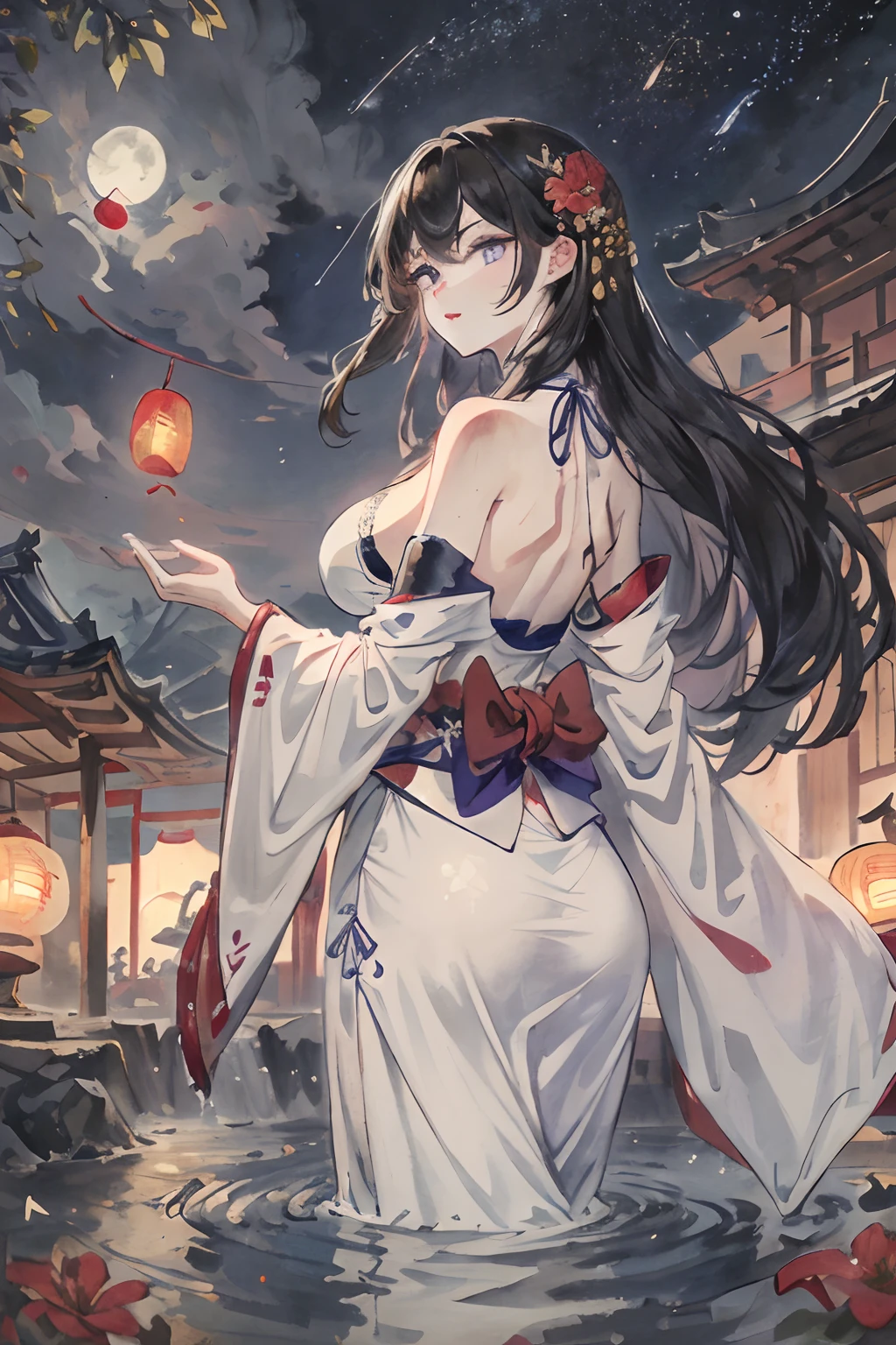 In a realm where the sky is perpetually painted with the vibrant hues of dawn and dusk, stands a majestic figure. She is adorned in an intricately designed kimono, with patterns of cherry blossoms and flowing water, symbolizing the harmony between nature and human spirit. Her dark hair is styled in a traditional updo, adorned with elaborate hairpieces and a striking red parasol. Her crimson eyes reflect a deep sense of wisdom and mystery, hinting at untold stories and hidden powers. With an aura of elegance and strength, she gazes into the distance, as if guarding the secrets of an ancient civilization. The backdrop of swirling clouds and the setting sun adds a mystical quality to the scene, creating an ethereal atmosphere. Write a story about this enigmatic character, exploring her origins, her journey, and the magical world she inhabits. 4k, HD, Traditional Kanzashi Hairpins, Floral Decorations