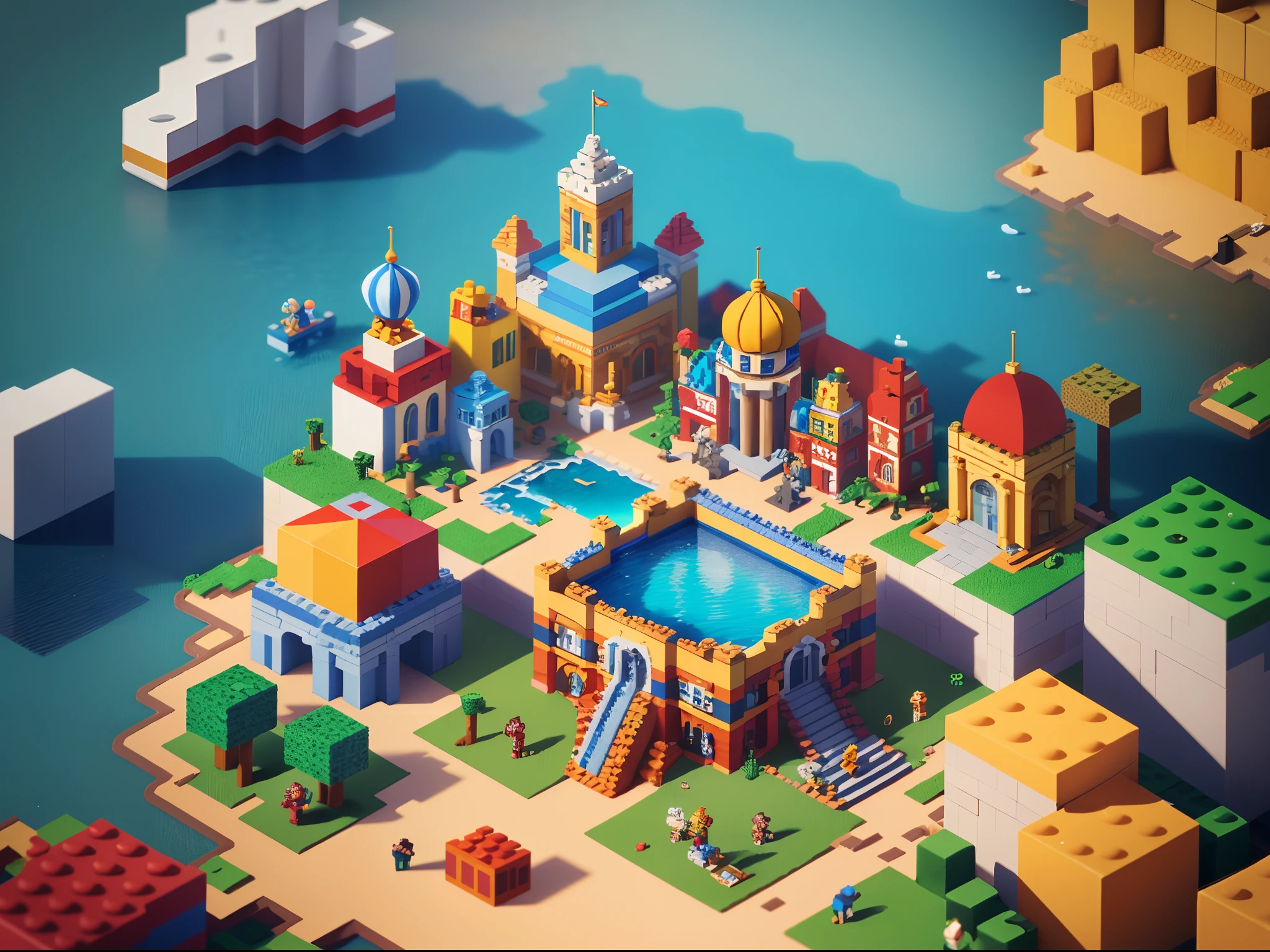 (Isometric perspective: 1.5), (Pixar style: 1.2) Circus, monkey, lion, tiger, flag, multimorph model game asset, pixel art, minecraft, LEGO style, tilt displacement, IP, blender, OC render, best quality, 4k, super detail --v 6