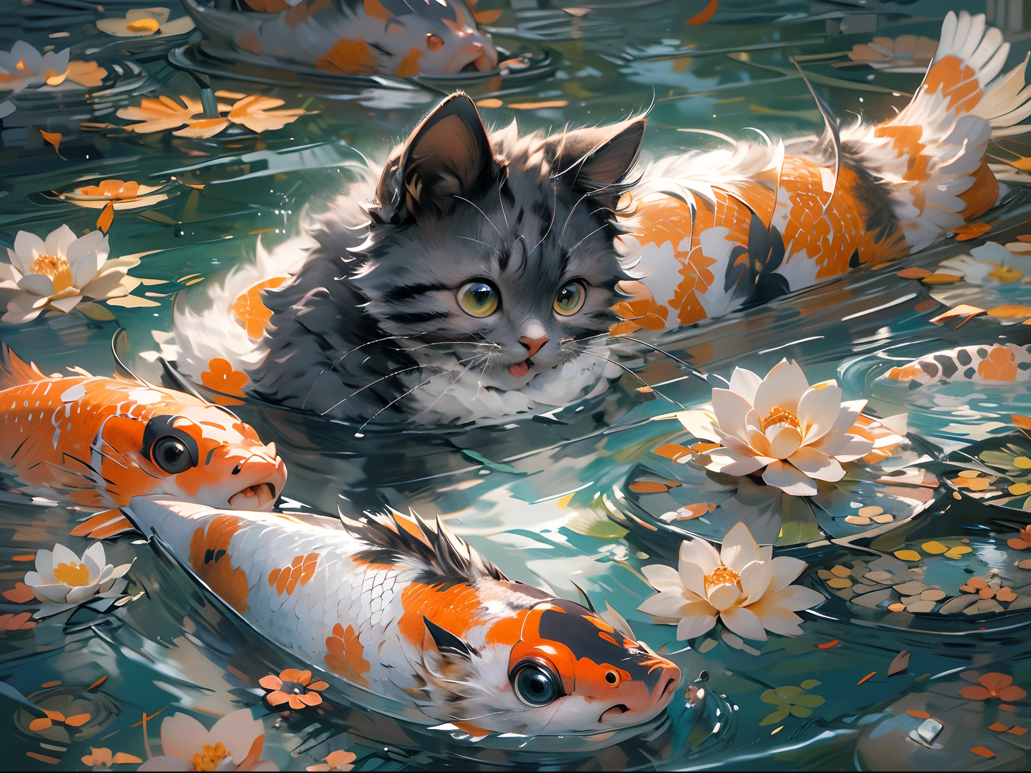 (Masterpiece:1.2, high quality),cat, absurdres, highres, ultra detailed, 1cat, cute, pond, koi fish