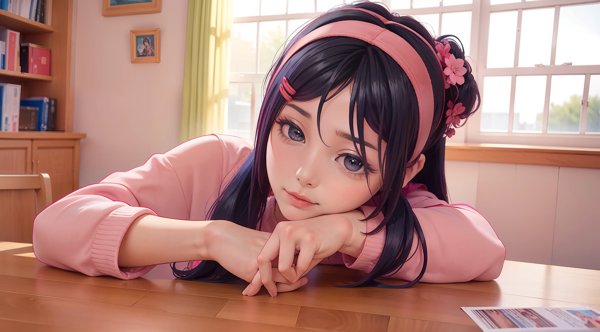 photo realism, 4k, aesthetics, Realistic girl, handsome girl, tmasterpiece, Perfect Quality, beste-Qualit, beatiful face, cute anime girl in reality, Realistic anime girl, in a room with pink wallpaper and pink style, There is good furniture, bed, armchair, pigtails, hanging down, She has a pink hoop on her head and two hairpins on her bangs, Glasses in a beautiful pale pink frame, Mita from the game MiSide, Cute looking at the camera, Milo ulыbaetsya, Three-quarter photo, well-traced skin, high-quality clothing, beautiful detailed hair, Photorealistic hair, ruddy face, Beautiful super-quality face, Unlubricated face, beatiful face, Beautiful head, Korean appearance, idol, 3D девушка, 3D реализм, ((beste-Qualit, 8K, tmasterpiece: 1.3)), sharp-focus: 1.2, beautiful woman with perfect figure: 1.4, Slim abs: 1.2, ((, big breastes: 1.2)), Highly Detailed Facial and Skin Texture, A detailed eye, 二重まぶた, Miside Mita, pink hoop, pink hoop on his head, Two pink hairpins in her hair, (red glasses), Blue hair, hall, Against the background of a bookcase, TV and shelves with photos on the wall, Window, Sakura outside the window, Japanese street outside the window, Responsibilities at the Center, The big picture, ((((lying on the table)))), Sakura in the background, Sakura on TV, blurred background, Perfect fingers, Beautiful manicure, Lush tender breasts, Beautiful hands, Remove extra fingers