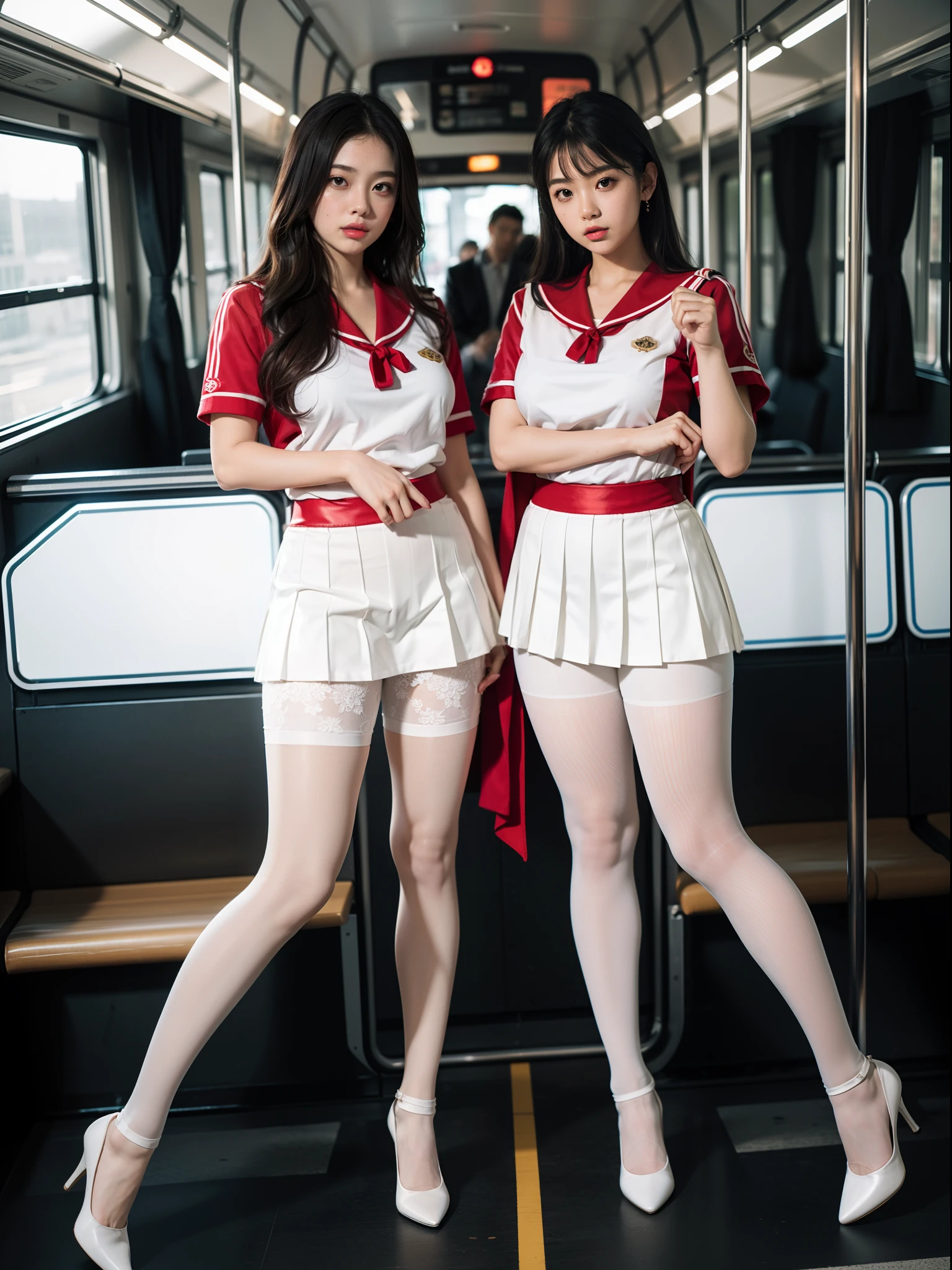 (full body:1.5),((girl):1.4),(view the viewer:1.4),(anatomy correct:1.3),(martial art pose on a bus:1.2),((colorful), (A red Sailor suit and checkered high waisted pleated skirt )):1.2),(((thick white Pantyhose)):1.32),( girl pointed thick heels :1.1),,(Accurate and perfect face:1.3),hyper HD, Ray traching, reflective light, structurally correct, Award-Awarded, high detail, lighten shade contrast, Face lighting ,cinematic lighting, masterpiece, super detailing, high quality, high detail, best quality, 16k,High contrast,