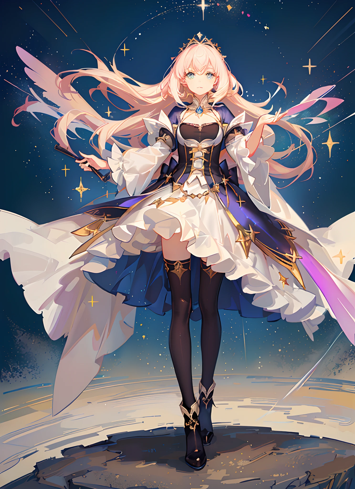 ((magical little girl)), ((Gorgeous starry sky background)), ((Ultra-detailed)), ((Best Illustration)), ((Cinematic lighting)), Dynamic Angle, Floating, finely detailed, (glitters:1.2), (Sparkle:1.2), (Shine:1.2), classic, (Painting:1.1), (Sketch:1.1), (Best quality), (Masterpiece:1.2), (Anime style), (Solo), Beautiful detailed face, (Cute face:1.3), (Big eyes:1.3), Colorful hair, (Long hair:1.2), (Floating hair:1.2), (magical girl outfit), detailed outfits, (Sparkling wand:1.3), (Magical effect:1.3), (Flowing skirt:1.2), (Cute boots:1.1), (Transparent fabric:1.1), (Twinkle:1.2), (Glow:1.2), (Radiance:1.2), (Flicker:1.2), (Dazzle:1.2)