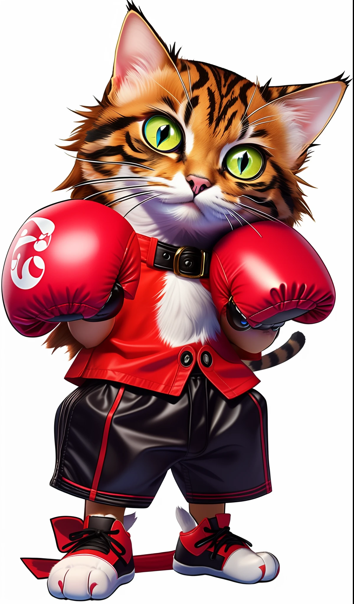 Alafelderel cat wearing boxing gloves and red shirt, in a fighting stance, boxing gloves, boxing, wearing vibrant boxing gloves, catss, in a fighting pose, anthropomorphic cat, Kickboxing, Meow, Boxing pose, angry cat, author：Melissa Benson, anime visual of a cute cat, cat design, boxer, in a boxing ring