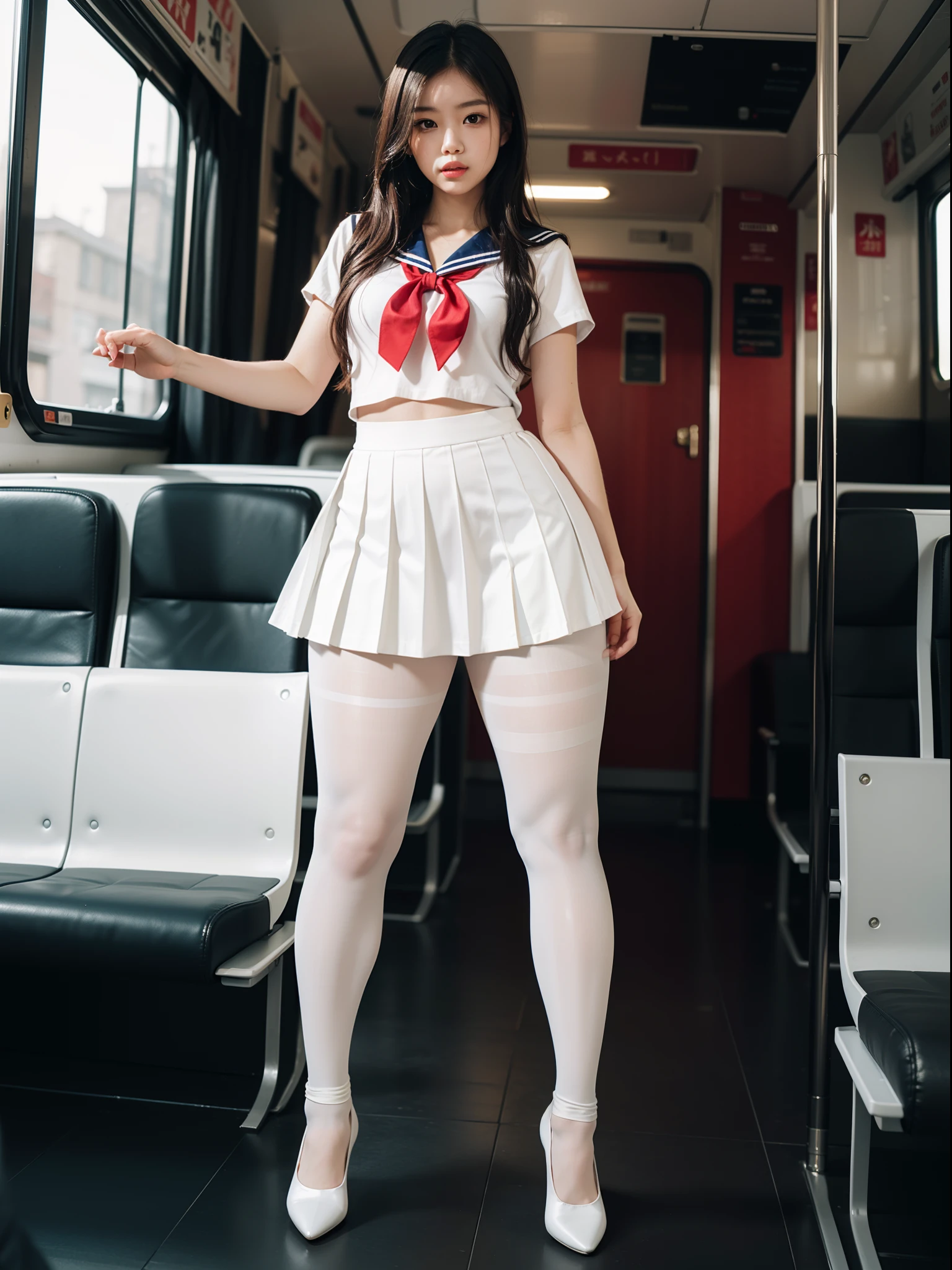 (full body:1.5)，((girl):1.4),(view the viewer:1.4)，(anatomy correct:1.3),(martial art pose on a bus:1.2),((colorful), (A red Sailor suit and checkered high waisted pleated skirt )):1.2),(((thick white Pantyhose)):1.32),( girl pointed thick heels :1.1)，,(Accurate and perfect face:1.3),hyper HD, Ray traching, reflective light， structurally correct, Award-Awarded, high detail, lighten shade contrast, Face lighting ，cinematic lighting, masterpiece, super detailing, high quality, high detail, best quality, 16k，High contrast,