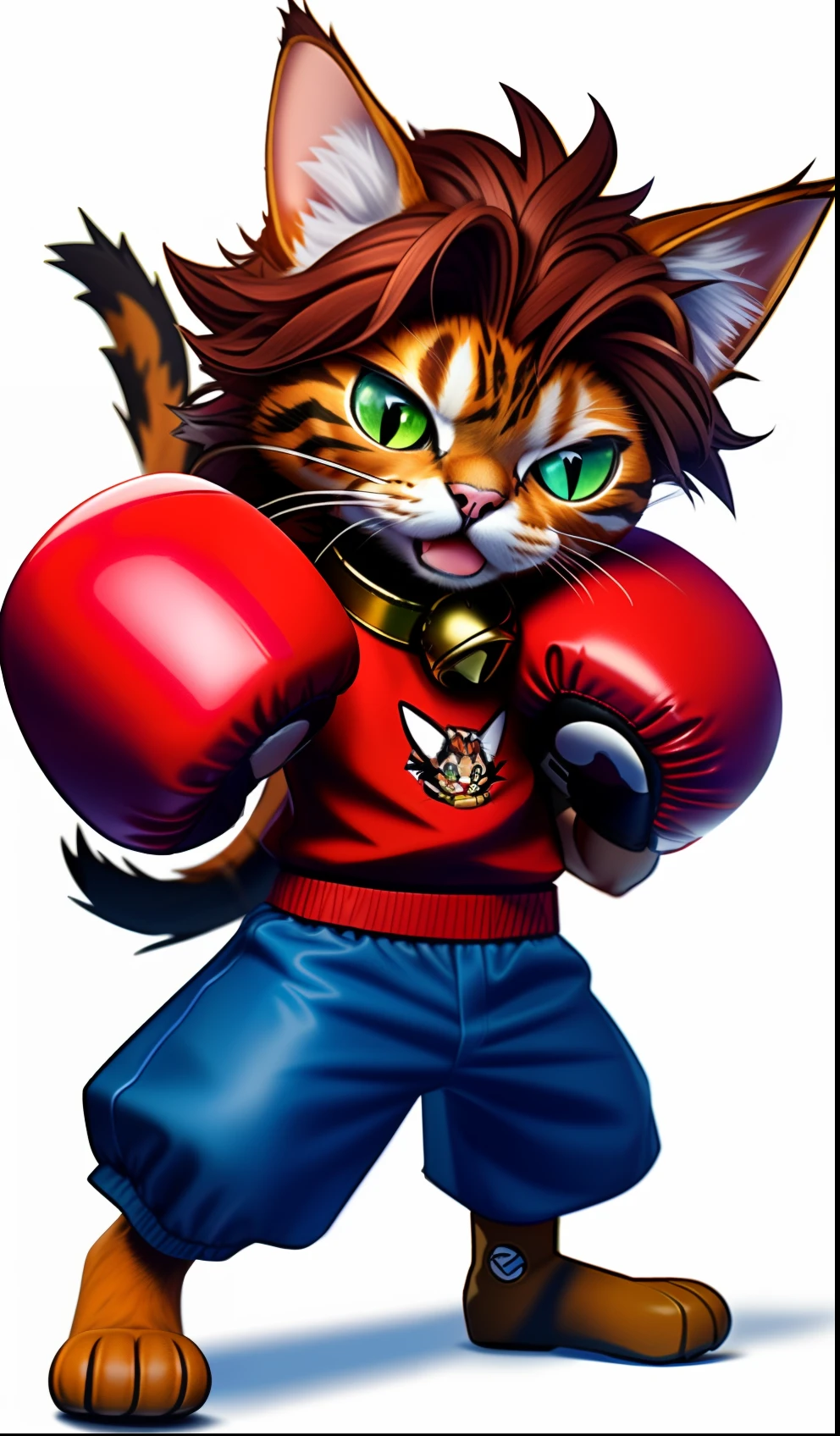 Alafelderelder cat wearing boxing gloves and red shirt, in a fighting stance, boxing gloves, boxing, wearing vibrant boxing gloves, catss, in a fighting pose, anthropomorphic cat, Kickboxing, Meow, Boxing pose, angry cat, author：Melissa Benson, anime visual of a cute cat, cat design, boxer, in a boxing ring