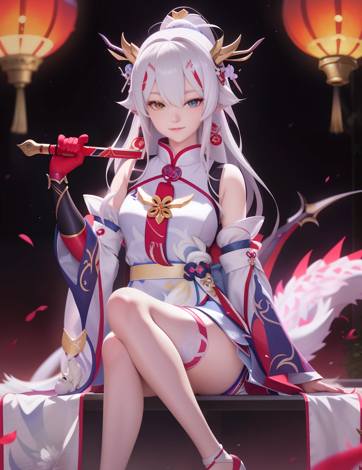 Anime girl sitting on bench,Holding a sword in hand, white-haired god, Dragon girl, mizutsune, White-haired fox, Keqing from Genshin Impact, onmyoji, Guweiz in Pixiv ArtStation, trending on artstation pixiv, Anime goddess, author:Shitao, kitsune holding torch, demon anime girl