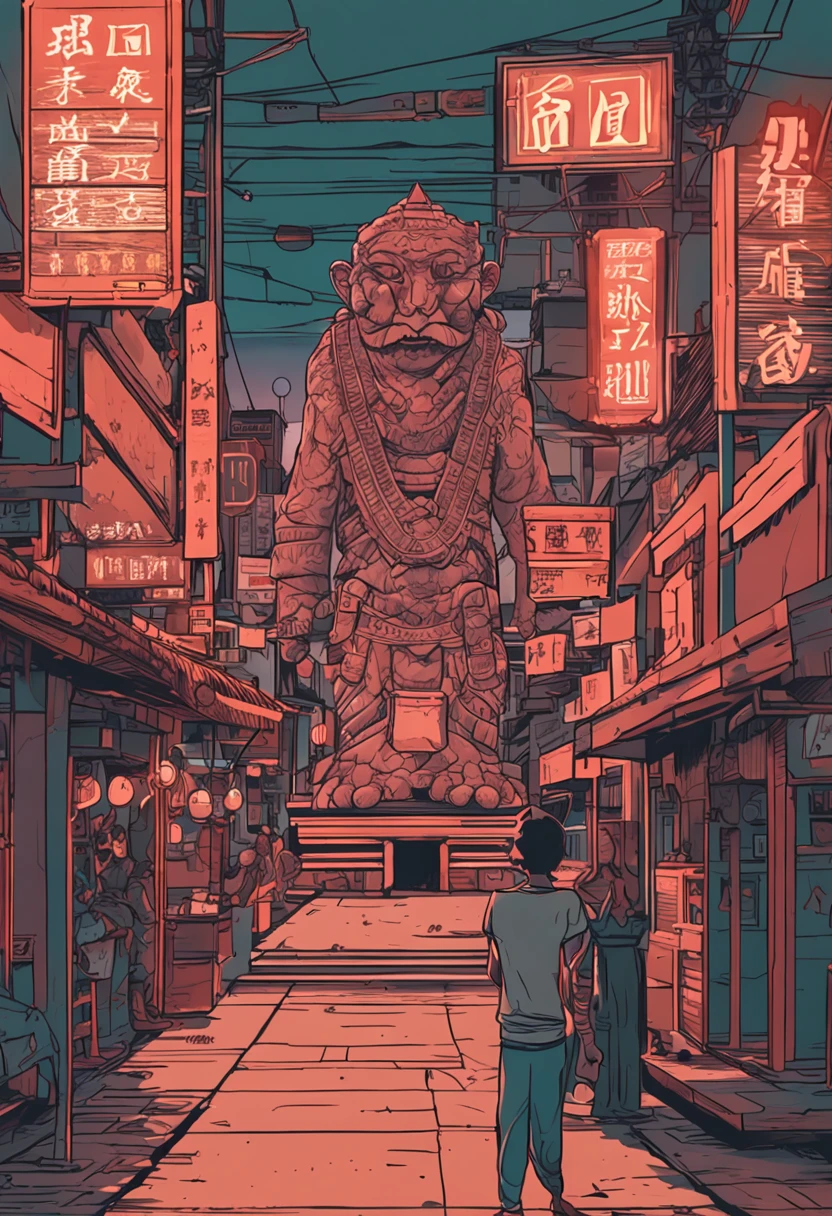 城市，the street，One guy，restaurant，elevation，Huge statue of man