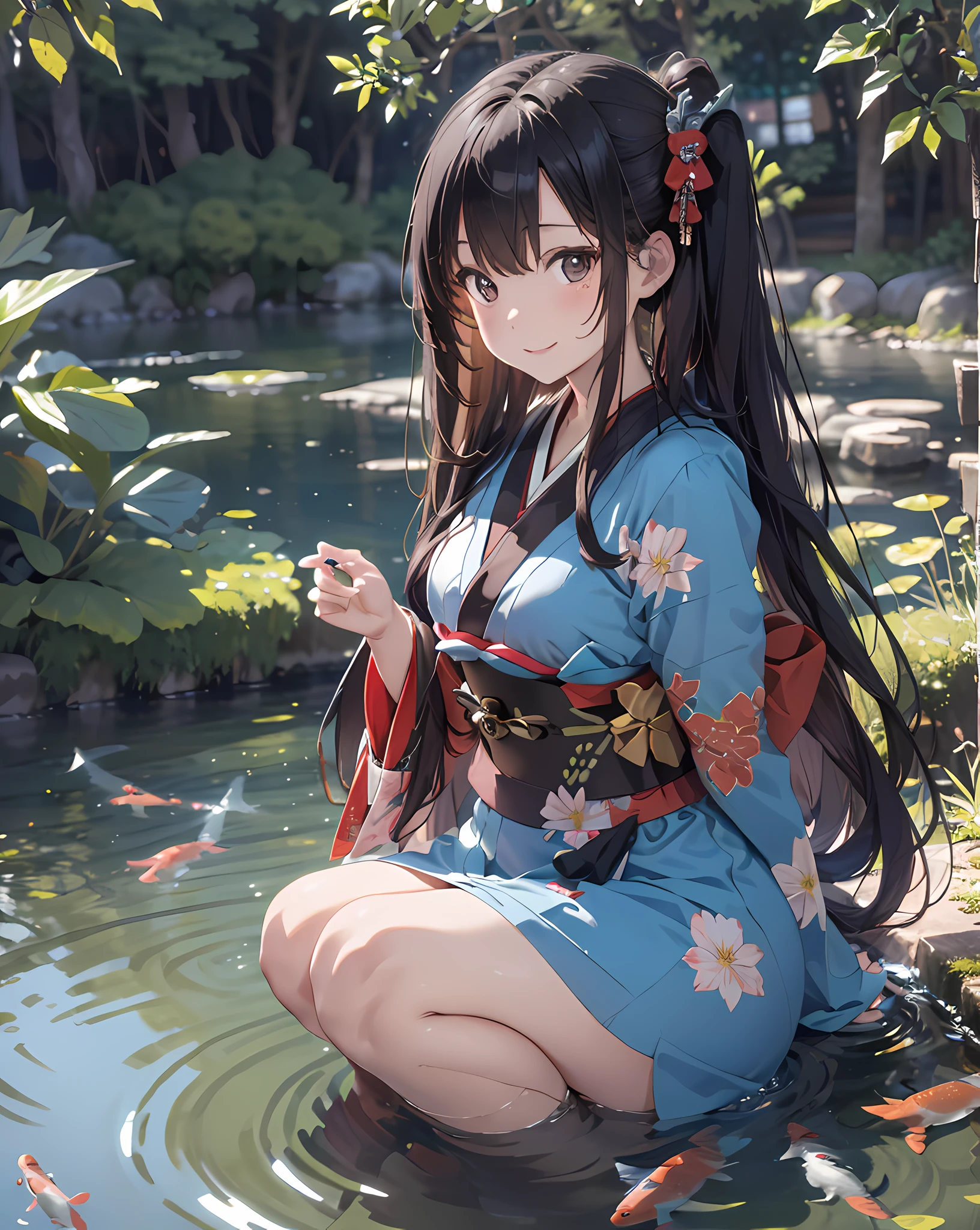 (Best quality, 8k, 32k, Masterpiece, UHD:1.2), (realistic:1.5), ultra fine detail, hyper-sharp image, anime style, a extremely cute and beautiful Japanese woman, (mahogany wavy thin hair:1.2), adult, (detailed beautiful girl:1.4), break, An illustration of a kimono woman feeding koi fish from the bank of a pond in a Japanese garden. (((wearing a black kimono outfit:1.5))), floral printed kimono outfit, The stage of the illustration is a pond in a Japanese garden. The pond is surrounded by lush green trees. The water in the pond is crystal clear. The koi fish in the pond come in many different colors, such as red, blue, and yellow. I am squatting by the pond. The woman is feeding the carp with a gentle smile. Koi jump out of the water and chase around to grab food. Women wear Japanese clothes. Koi is a large Nishikigoi. A carp is about to lick a woman's hand. Make the trees around the pond look lush and swaying in the wind. Draw the water in the pond so that it is clear and the koi fish are reflected in it. Carp come in various colors and should be drawn as if they were swimming leisurely. Draw the woman with a gentle smile and make her feed the carp, (masterpiece, Extremely detailed CG unity 8k wallpaper, best quality, highres:1.2), (ultra detailed, UHD:1.2), Unreal Engine, digital art, extremely detailed CG unity 8k wallpaper,