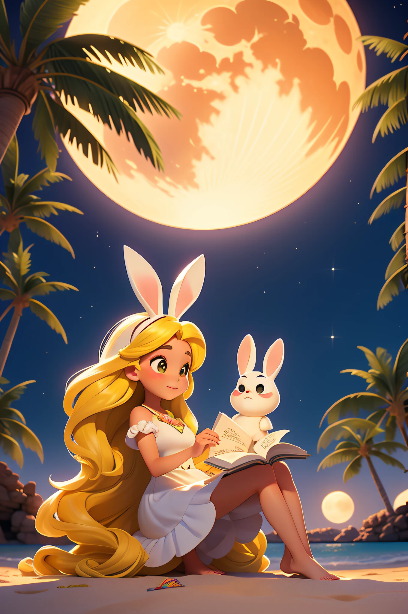 tmasterpiece, best qualityer, ****ung girl, long whitr hair，Yellow hair，white dresses，There are a couple of cute rabbits，sandbeach，Sit and read，the night，There is 1 super-large Full Moon in the sky，coconut palms，Bright shades，pixar-style，Disney  style，