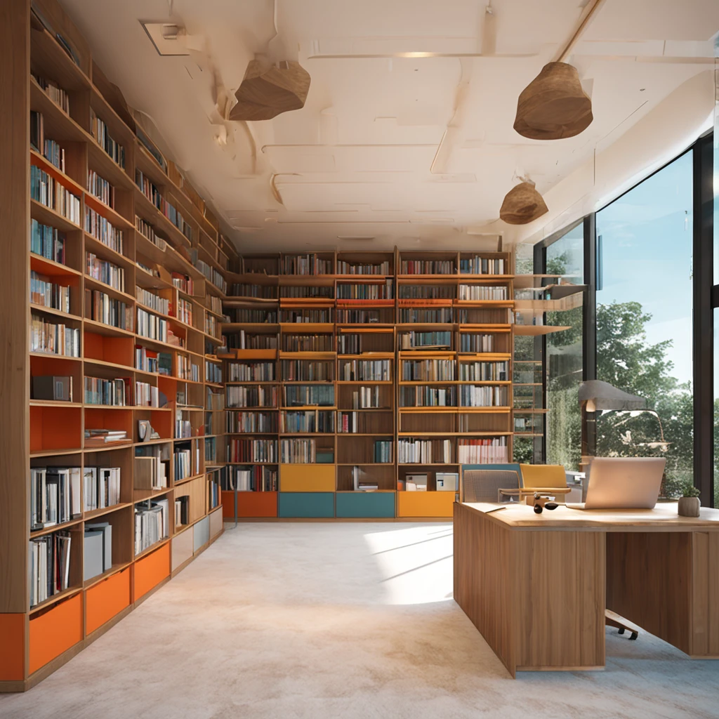 Renderings,Live view,Book it,Library,libraryai,bookshops,There is a large boat-shaped desk in the middle,The top surface of the boat-shaped desk echoes the shape of the desk,There are some bookcases or book cabinets around,The overall atmosphere is bright,The design is based on the theme of "ship",The overall space is full of design。