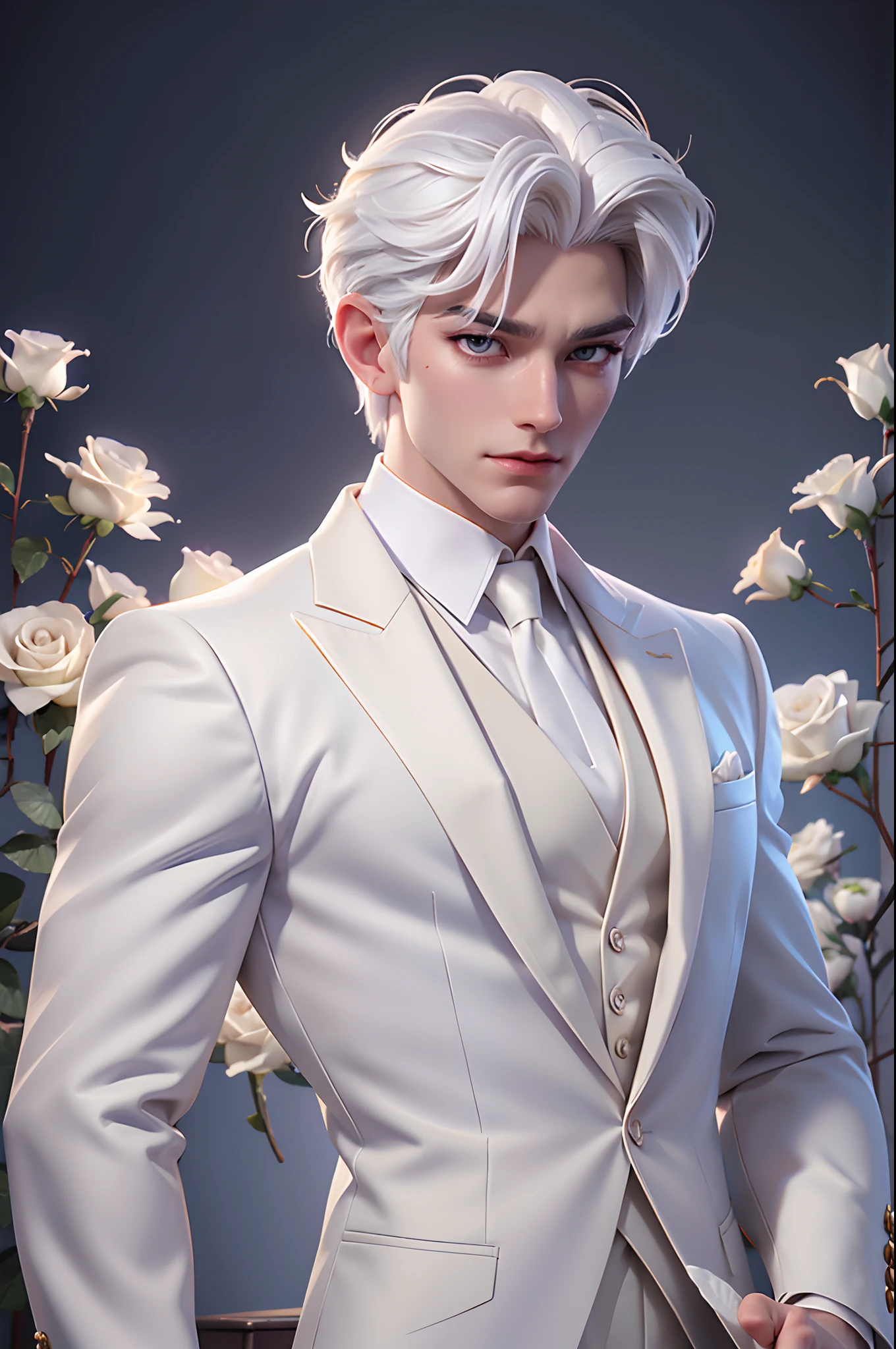 there is a man with white hair and a white suit holding a rose, by Yang J, ig model | artgerm, extremely detailed white-haired deity, beautiful androgynous prince, neoartcore and charlie bowater, epic exquisite male character art, approaching perfection, shot with Sony A7 IV for HD image quality, studio lighting, light floral bloom