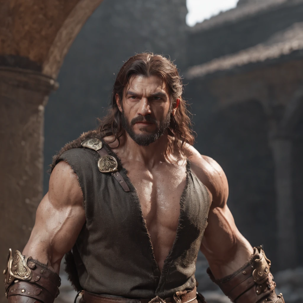 (professional 3d render:1.3) af (Realistic:1.3) most beautiful artwork photo in the world,Features soft and shiny male heroes, ((Epic hero fantasy muscle man rough wet hero angry looking long hair short beard and ferocious expression in dynamic pose, Fantastic location, Majestic cluttered environment)), Full body 8K unified rendering, action shot, skin pore, very dark lighting, heavyshading, Detailed, Detailed face, (vibrant, photograph realistic, Realistic, Dramatic, Dark, Sharp focus, 8K), (Old leather garments damaged by weathering:1.4), ((((Wear fur)))), (Intricate:1.4), decadent, (Highly detailed:1.4), Digital painting, rendering by octane, art stations, concept-art, smooth, Sharp focus, illustration, Art germ, (loish:0.23), wlop ilya kuvshinov, and greg rutkowski and alphonse mucha gracias, (Global illumination, Studio light, volumettic light), heavy rain, particles floating, lotr, fantasy, elf, full bodyesbian, ((Dark and ancient city background:1.3)),CGSesociety,art stations