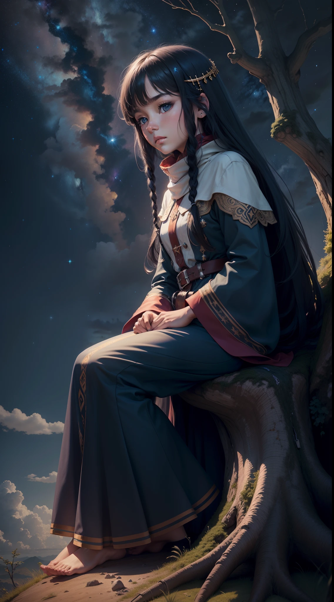 octans, sky, star (sky), scenery, starry sky, night, 1girl, night sky, solo, outdoors, cloud, milky way, sitting, tree, long hair,4k resolution,
