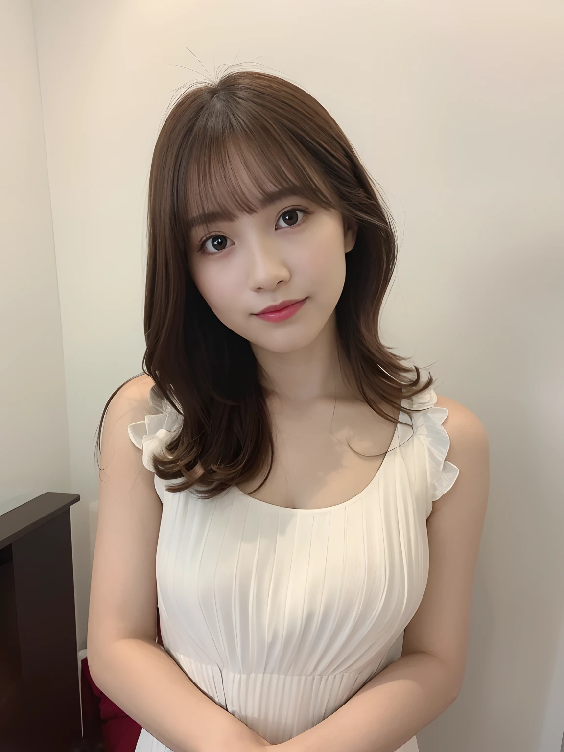 (Photorealsitic:1.4)、best qualtiy、extremely delicate and beautiful、A highly detailed、hight resolution、One girl、A smile、full body Esbian、Taut shirt、A dark-haired、length hair、elbow groves、beatiful detailed eyes、cinematlic lighting、Gold Bodysuit、beauty legs