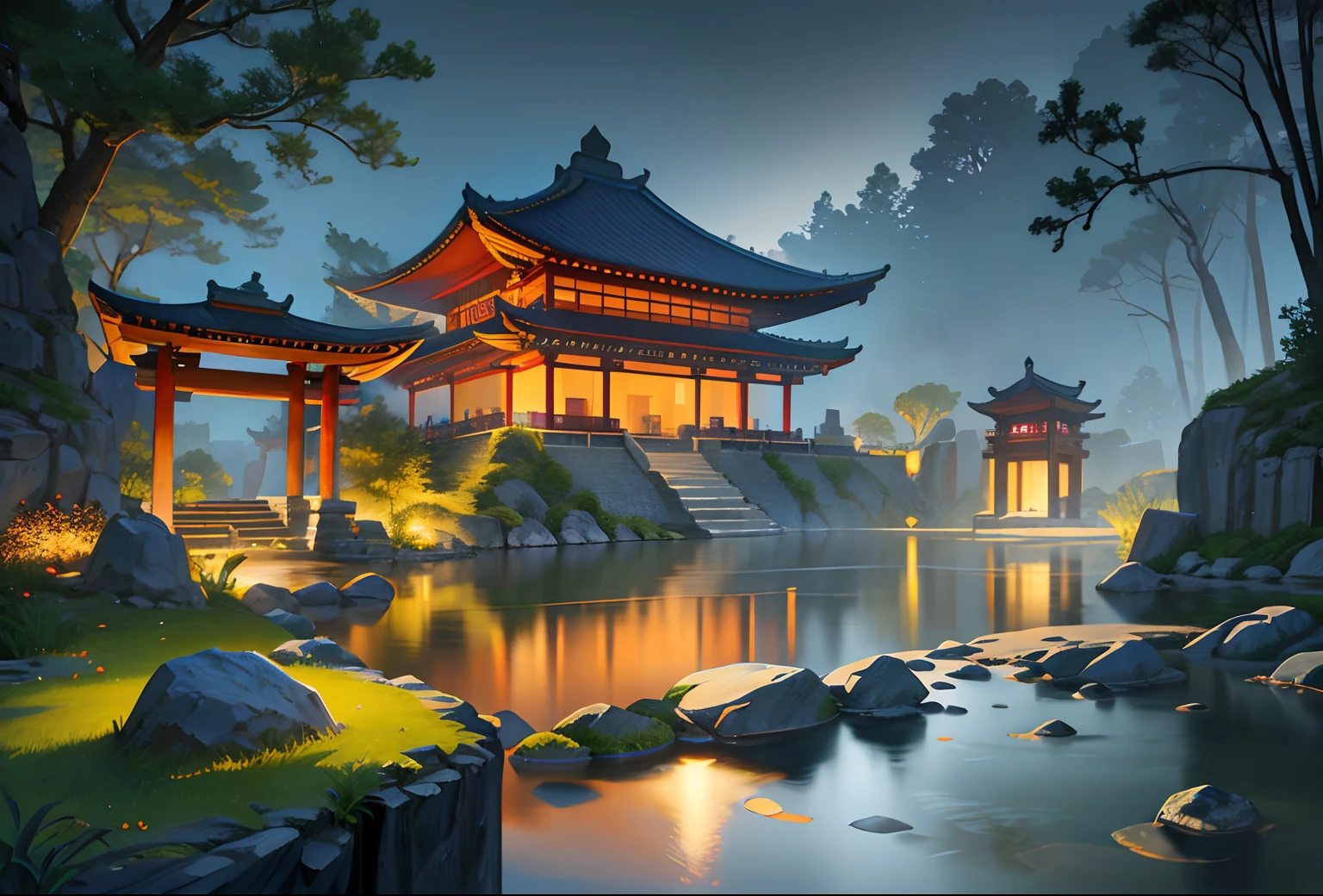 Ancient Chinese architecture, cool colors, dark night, moon, garden, bamboo, lake, stone bridge, rockery, arch, corner, tree, running water, landscape, outdoor, waterfall, grass, rock, dense fog, (Illustration: 1.0) , Epic Composition, HD Details, Masterpiece, Best Quality, (Very Detailed CG Unity 8k Wallpapers) --v 6