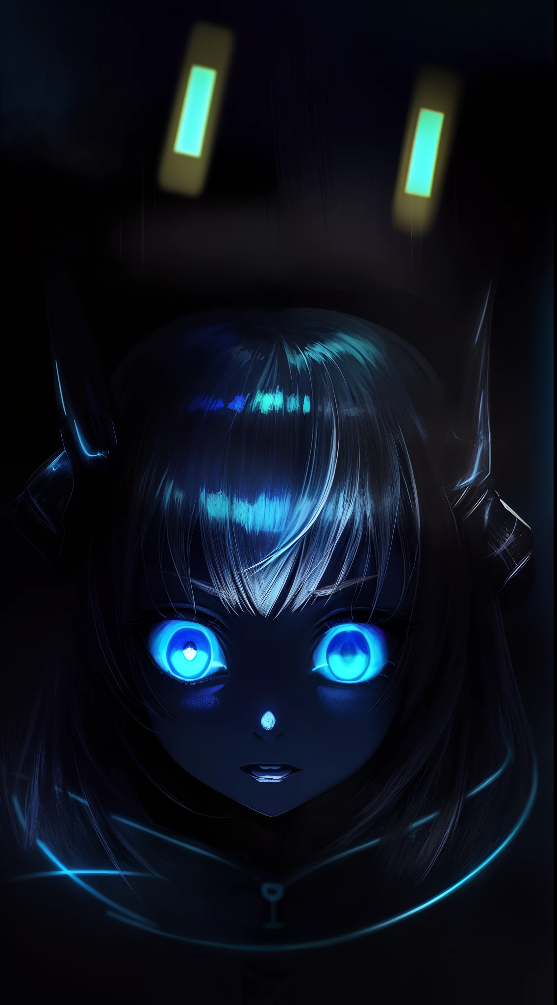 Anime girl with blue eyes and horns with glowing eyes, Circuit screams, with glowing eyes, Eyeless observer, Many dimly glowing eyes, Metallic and glowing eyes, Glowing magical eyes, luminous eyes, blue glowing eyes, Glowing eyes everywhere, Eyeless, Scary glowing eyes, glowing eyes, Intricate work of art. Neon eyes, Magical glowing eyes