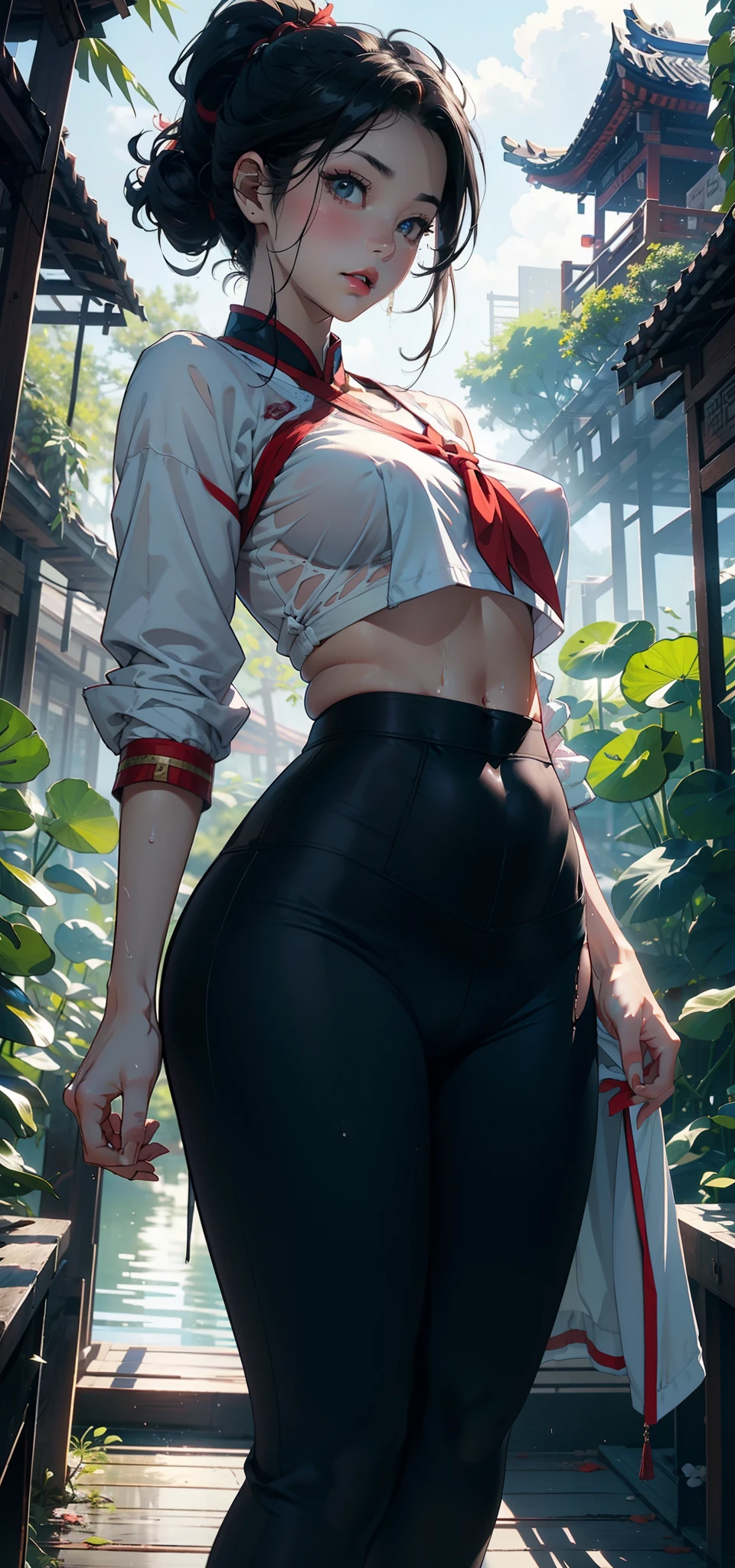 1female,35yo,熟妇,long leges,Big breasts Thin waist,Slim,huge-breasted ,Pornographic exposure, 独奏,(Background with:bamboo forrest,lotuses,lotus flower,exteriors,Lotus pond) She has short black hair,standing on your feet,Sweat profusely,drenched all over the body,seen from the front, hair straight, mostly cloudy sky,(((tmasterpiece),(Very detailed CG unity 8K wallpaper),best qualtiy,cinmatic lighting,detailed back ground,beatiful detailed eyes,Bright pupils,Black eyes,Redlip(Very fine and beautiful),(Beautiful and detailed eye description),ultra - detailed,tmasterpiece,)),facing at camera,A high resolution,ultra - detailed),revealing breasts,Bare genitalia, Bulge,legs are open,Raised ,Camel toes,Flushed complexion,Open-mouthed,frontage,high school senior,(Wearing:Chinese Ancient Times,Sailor uniform,black legging pants,athletic sneakers,Bare breasts,)Full body photo,Show shoes