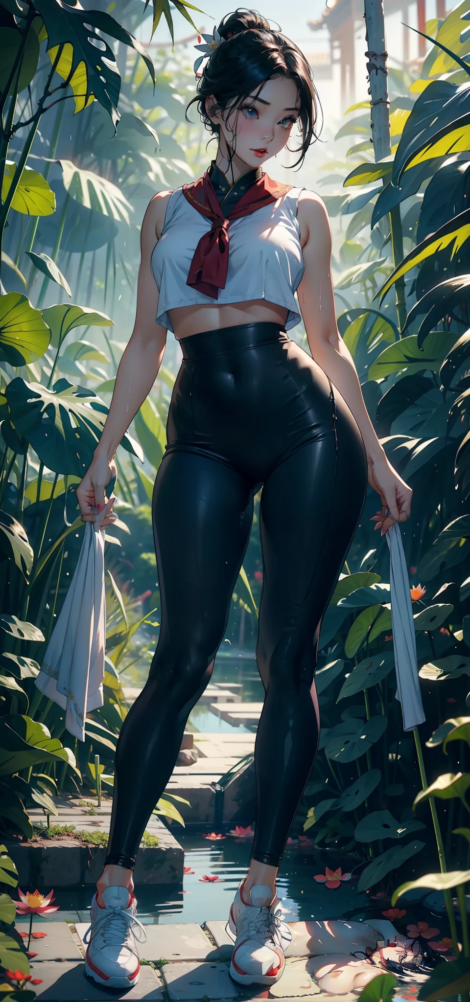 1female,35yo,熟妇,long leges,Big breasts Thin waist,Slim,huge-breasted ,Pornographic exposure, 独奏,(Background with:bamboo forrest,lotuses,lotus flower,exteriors,Lotus pond) She has short black hair,standing on your feet,Sweat profusely,drenched all over the body,seen from the front, hair straight, mostly cloudy sky,(((tmasterpiece),(Very detailed CG unity 8K wallpaper),best qualtiy,cinmatic lighting,detailed back ground,beatiful detailed eyes,Bright pupils,Black eyes,Redlip(Very fine and beautiful),(Beautiful and detailed eye description),ultra - detailed,tmasterpiece,)),facing at camera,A high resolution,ultra - detailed),revealing breasts,Bare genitalia, Bulge,legs are open,Raised sexy,Camel toes,Flushed complexion,Open-mouthed,frontage,high school senior,(Wearing:Chinese Ancient Times,Sailor uniform,black legging pants,athletic sneakers,Bare breasts,)Full body photo,Show shoes