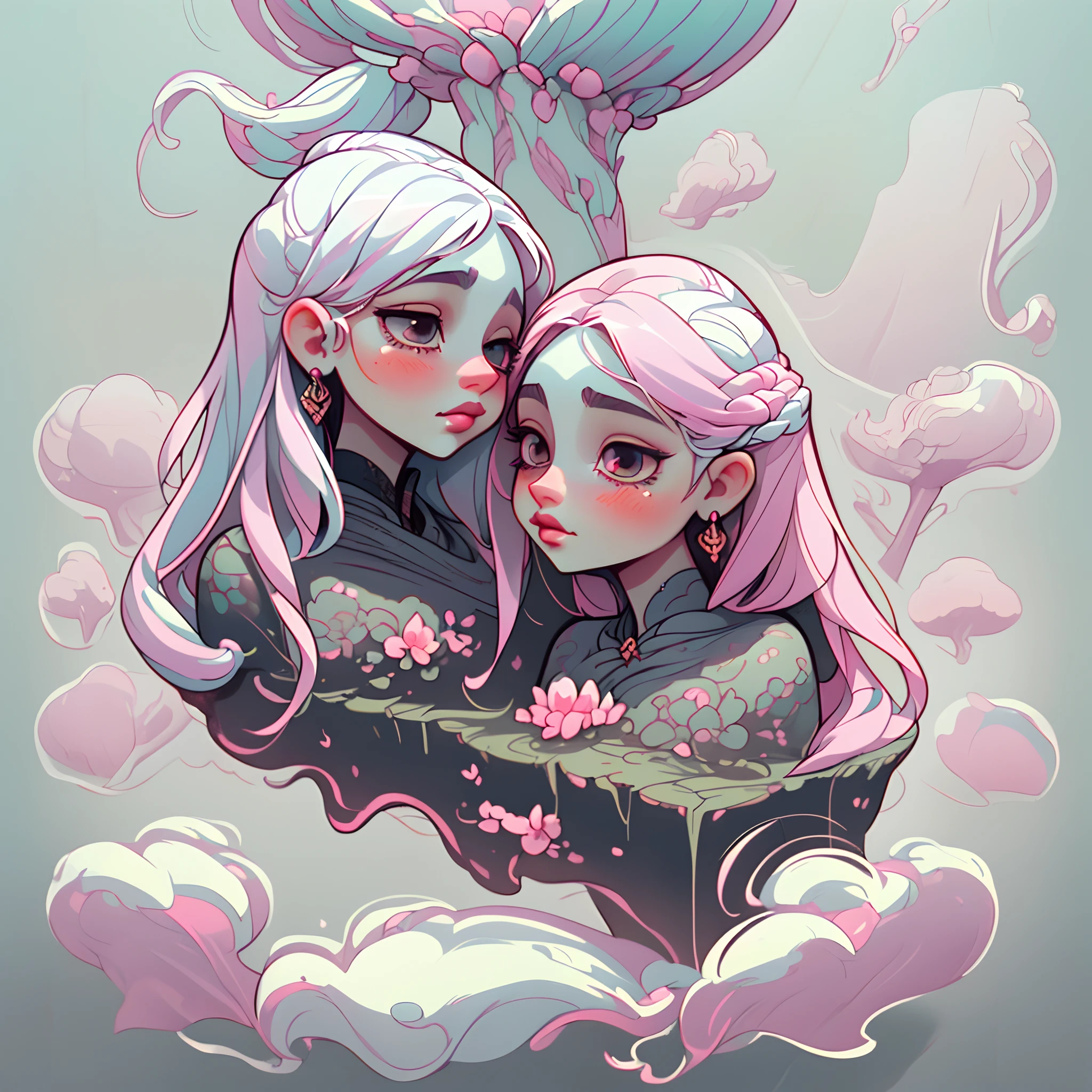adesivo, fundo simples, portrait, 2 girls, couple, kissing, girl with long hair, beautiful goddess girl, goddess aesthetic, beautiful girl, very beautiful fantasy art, beautiful and elegant female goddess, beautiful detailed fantasy, pink and white color palate, pink color-theme