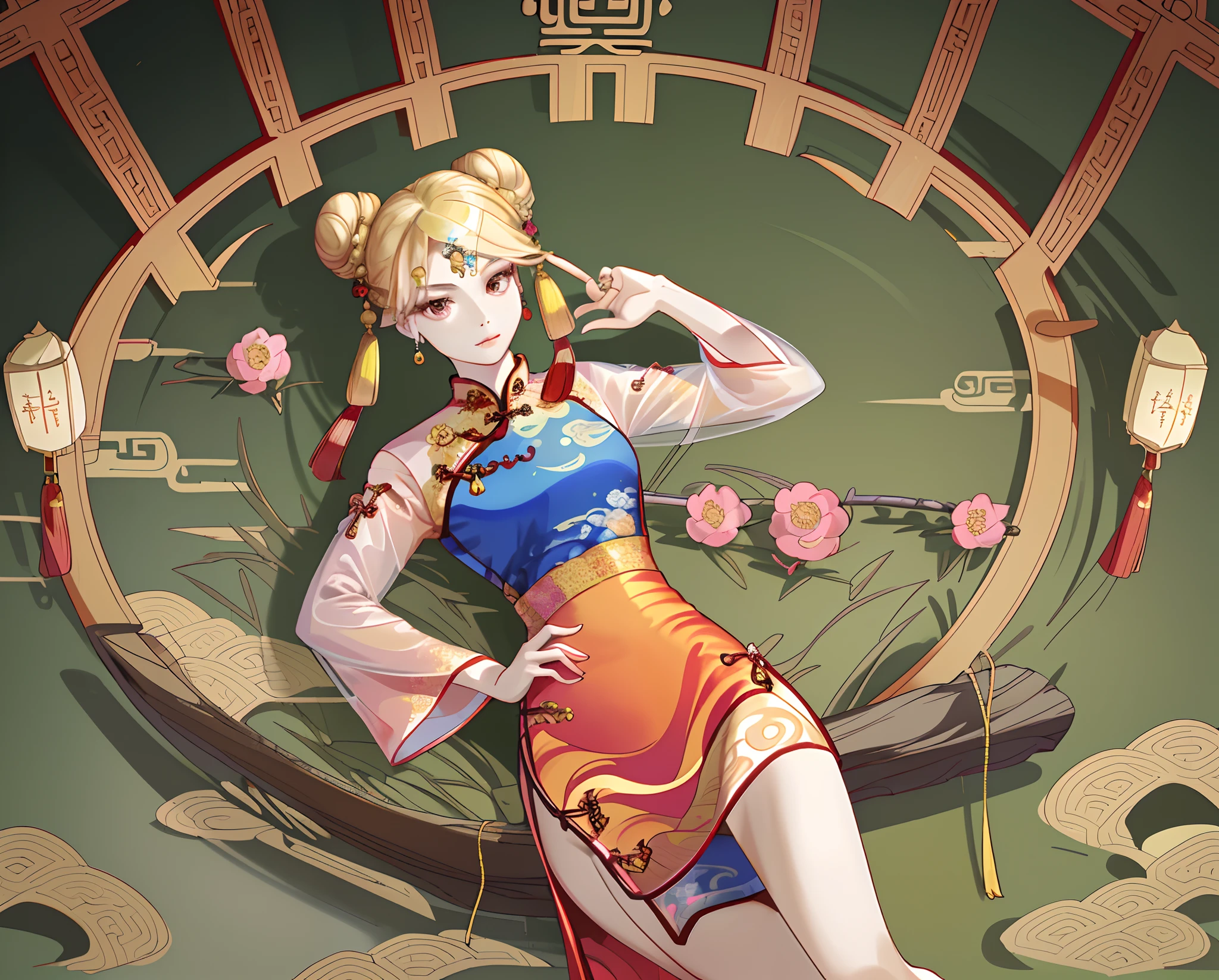 ((Top quality, 8K, Masterpiece: 1.3)), Solo, 1 girl, Sexy, Beautiful girl with accentuated slender abs: 1.4, (Flat breasts: 1.2), hyperdetailed face, Detailed eyes, Double eyelids, self-shot, (body builder:0.8),(Beautiful little hard head shade:1.5),(qipao dress, gorgeous chinese models, Cheongsam, Chinese dress, Chinese traditional, Chinese costume,Without chest pads:1.2,shiny dress:1.5,Transparent dress:1.5),(Spread legs:1.2),on the gold bed,(Shiny skin:1.2),(muscle arm:1.3),(muscle leg:1.3),(Lie down:0.8),necklace,(Earrings:1.3),(double bun hair:1.3), (two tone color hair:1.5,Blonde hair:1.1,Pink hair:1.2),(flashy jewels:1.3)