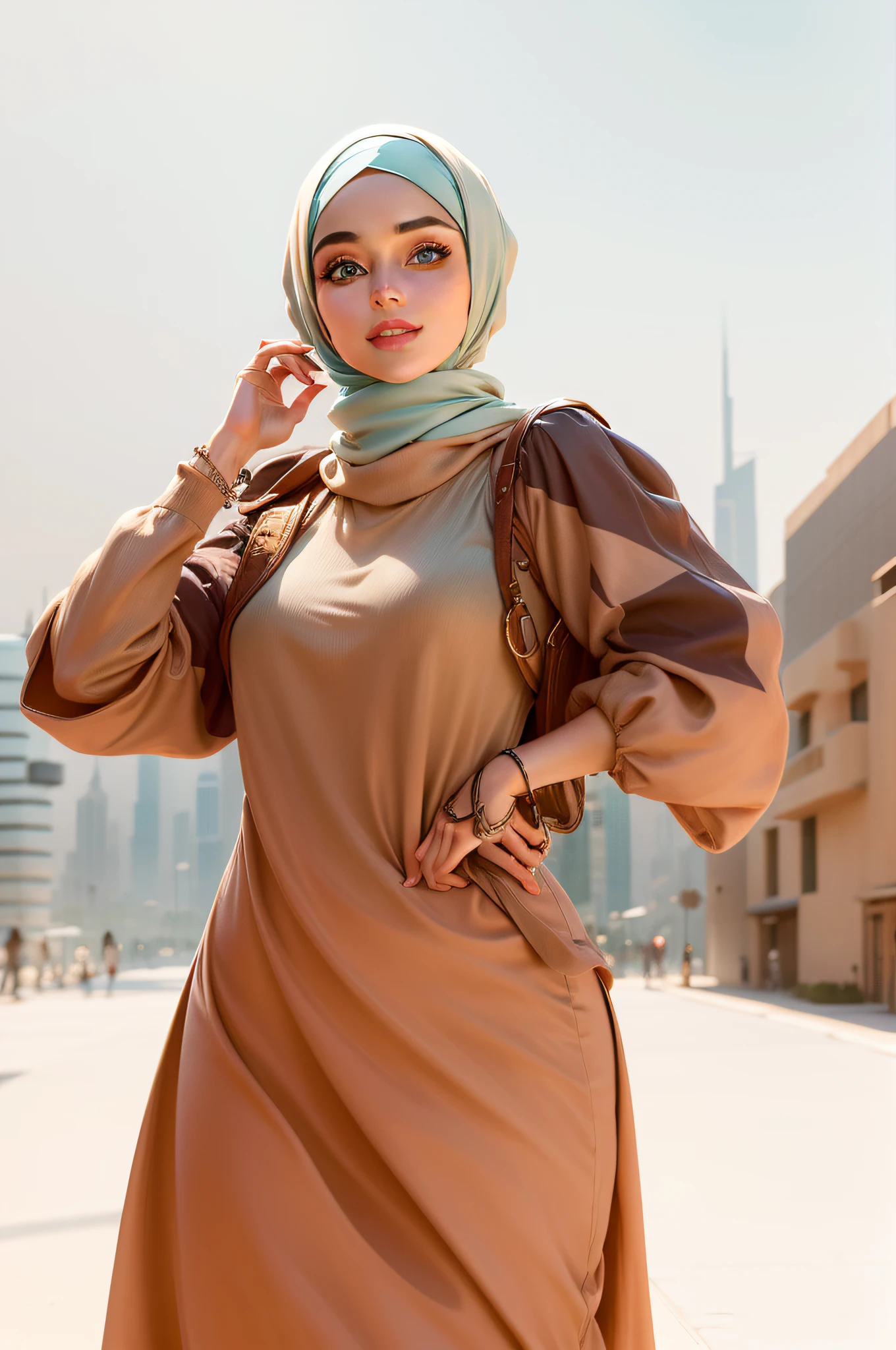 Masterpiece, realistic, best quality, best lighting, 3DMM, 1 girl photo solo, coffee shop, a girl work as barista, beautifully makeup, eyeshadow, Parted Lips, Detailed Eyes, beautiful big eyes, long eye lashes, smile, wearing ((teal satin headscarf)), (loosely tide hijab style), Wearing a turtleneck sweater and skinny jeans, high cut boots, walking on street of UAE, Burj Khalifa View