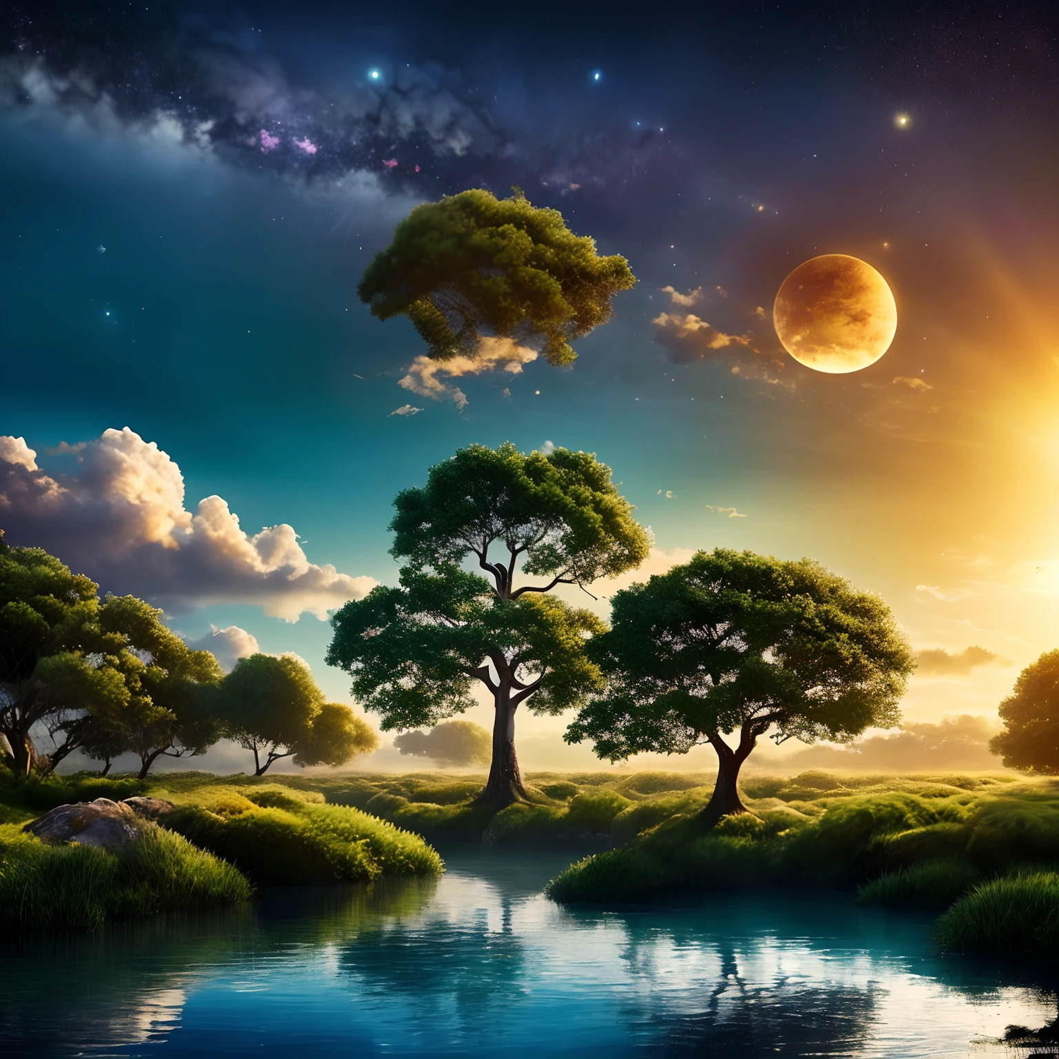 Illustration of a surreal scene, sobrenatural, hyper sky, including a giant full-body crystal tree, Highly detailed and magical lighting, detalhes intrincados da floresta, vegetation and surrounding river, sun sunset, paisagem, giant tree, belas folhas verdes, beautiful lighting and realistic proportions, como se este fosse um fundo de filme, 8k, alta qualidade, obra-prima, Clouds and stars in the sky.