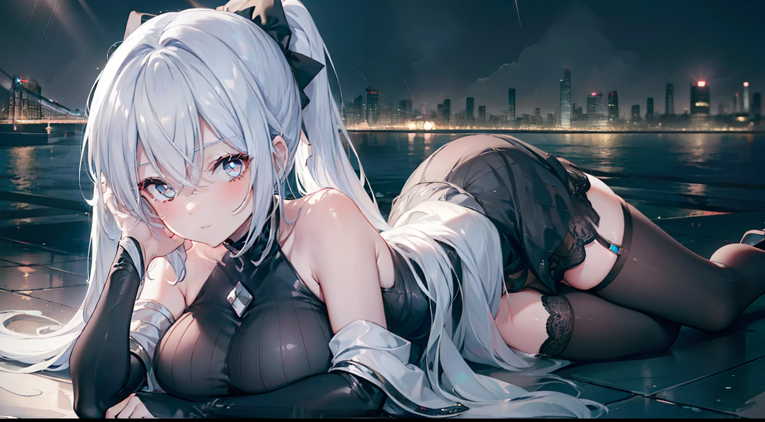 heavy rain,Gorgeous high heels,Under water,grabbing the breasts,Official fine art,tmasterpiece,Sharp focus,Nice high ponytail hairstyle,Delicate and beautiful eyes and face,realisticlying,ultra - detailed,a beauty girl,blue-sky,Glowing white particles,(side-lighting:1.2),scenecy,Long straight hair, sexy facial expression, buliding, (Cityscape:1.7), Dynamic hair, , Long black socks, paleskin, hair adornments, epic landscapes,deep in the night,Masterpiece, Best quality,Bare shoulders, white thighhighs, Hair ribbon, Large breasts,