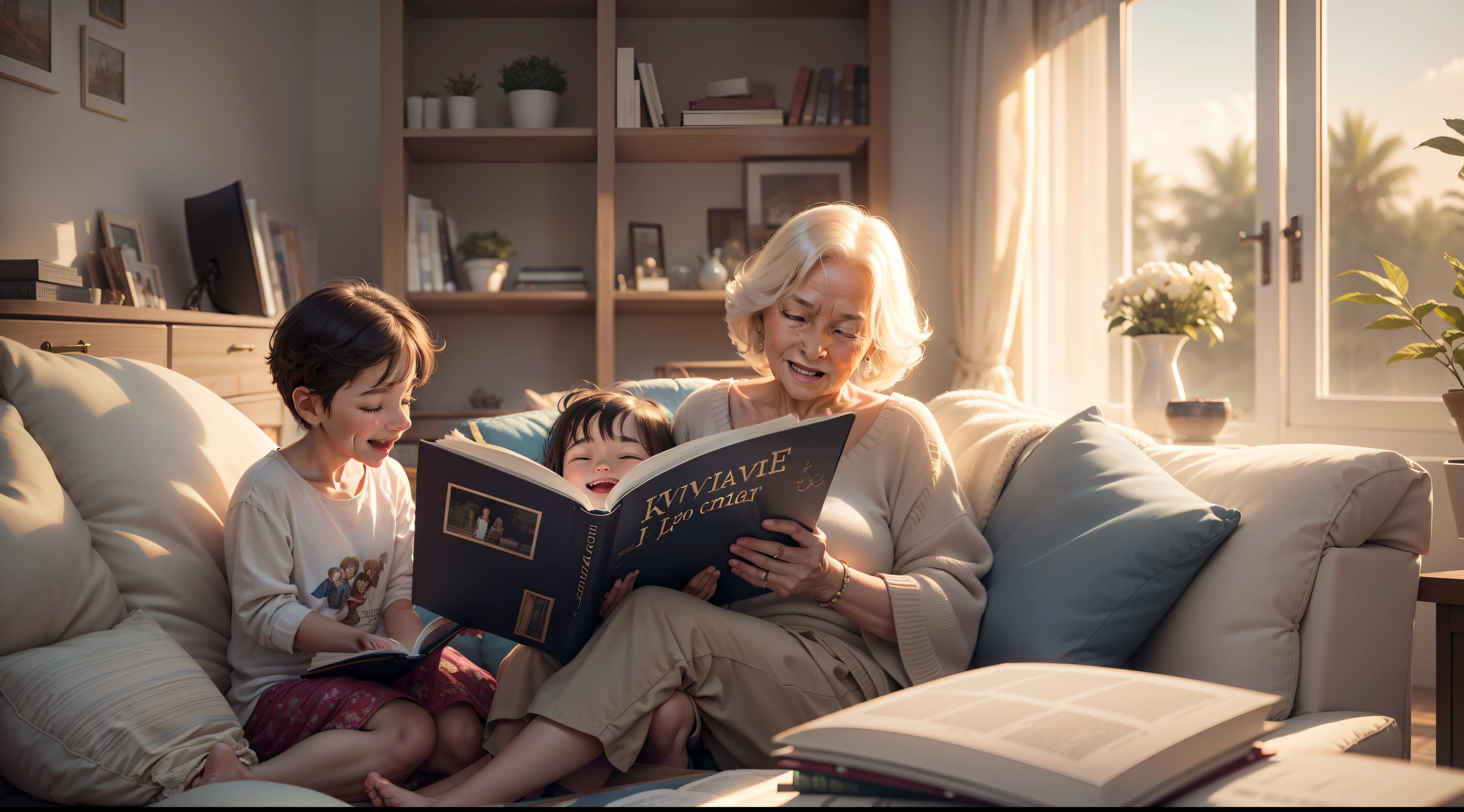Grandma and grandchildren reading in the spacious and bright living room, Laughing, And enjoy its harmony, hyper-detailing, k hd,beautiful weather