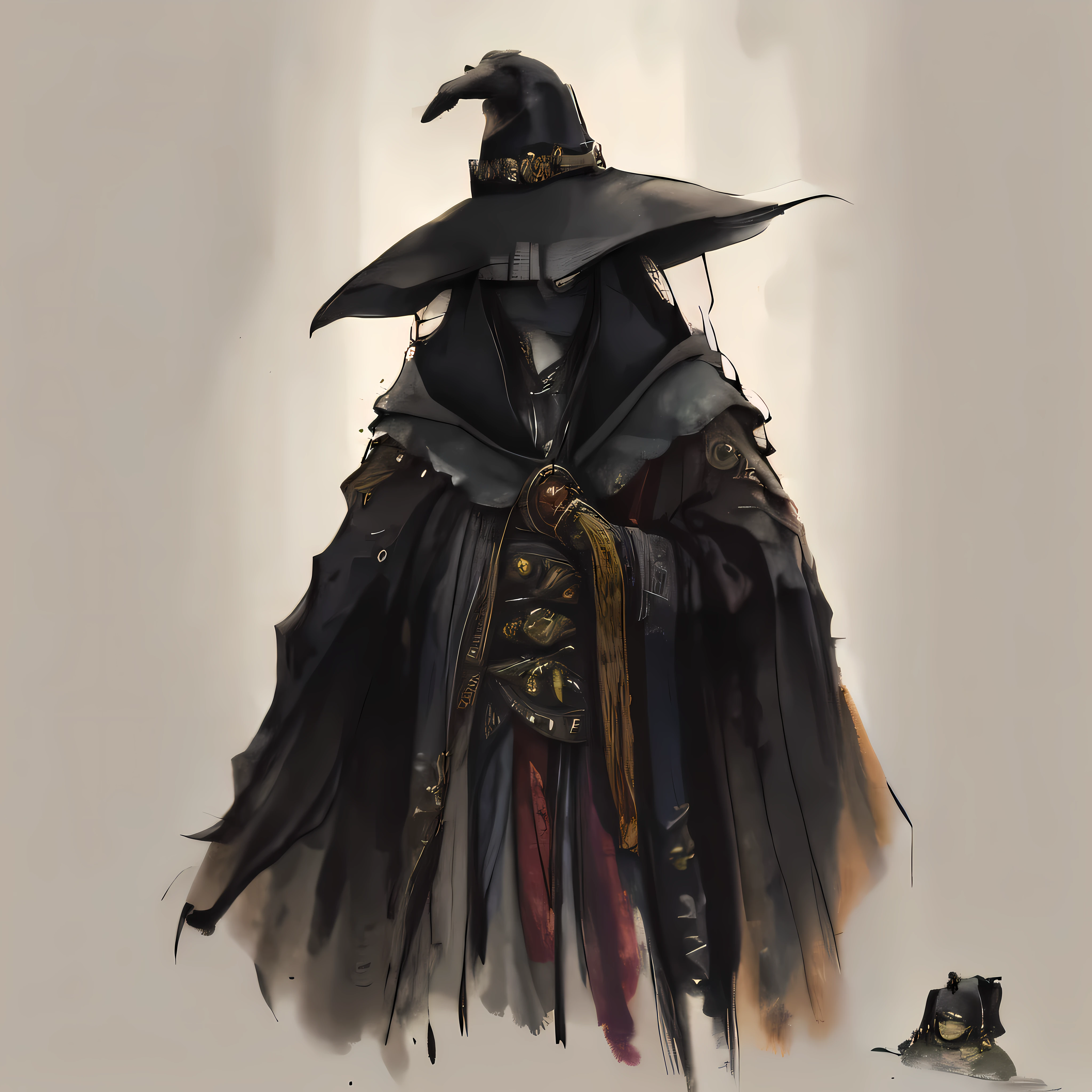 A painting of a wizard wearing a black hat and a cloak, dark wizard, dark witch character, dark cloaked necromancer, wearing black wizard robes, Sackcloth robe,Azabu hat,dark robed witch, ww 1 sith sorcerer, dark hooded wraith, dark fantasy character design, fantasy mage,evil sorcerer, classical witch,hyper HD,tmasterpiece。high qulity,Very detailed,lightand shade contrast